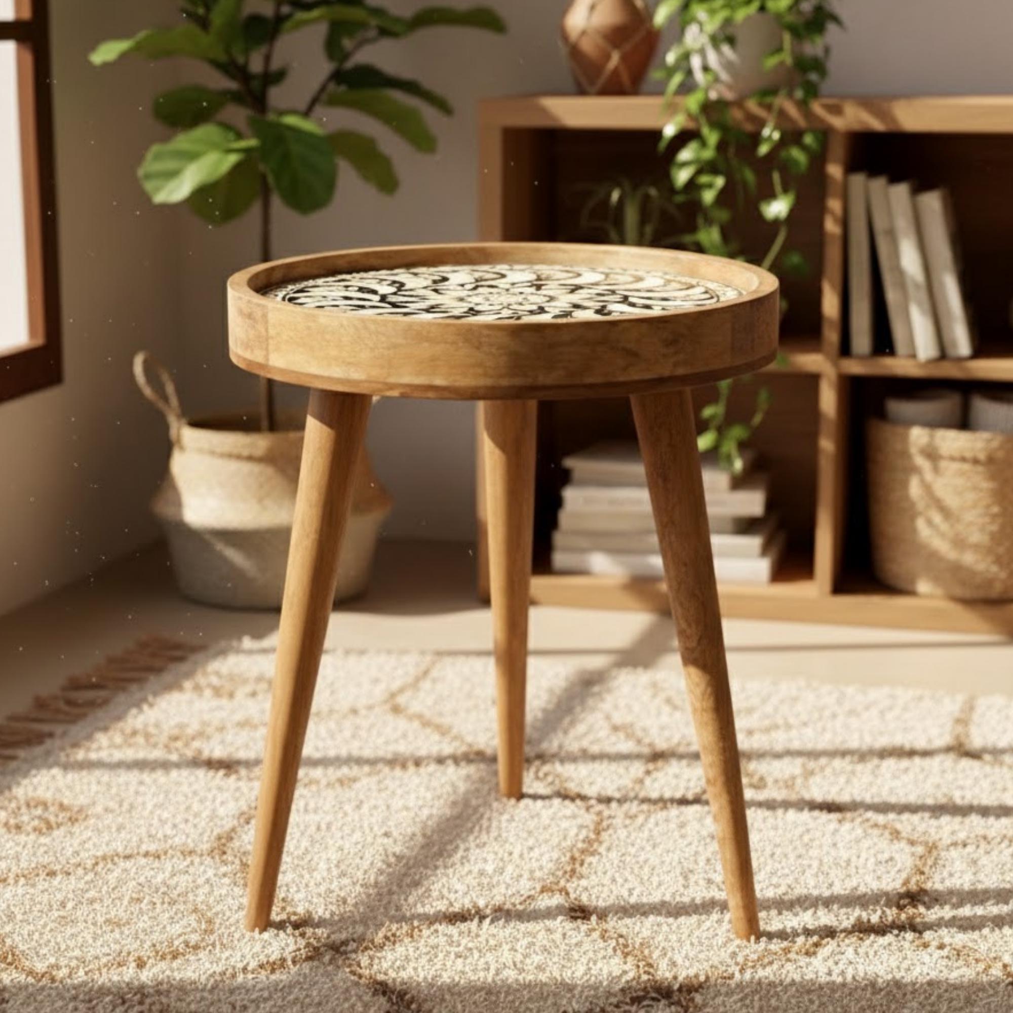 Handmade Mango Wood Side Table | Round Mandala Print Boho Accent Table