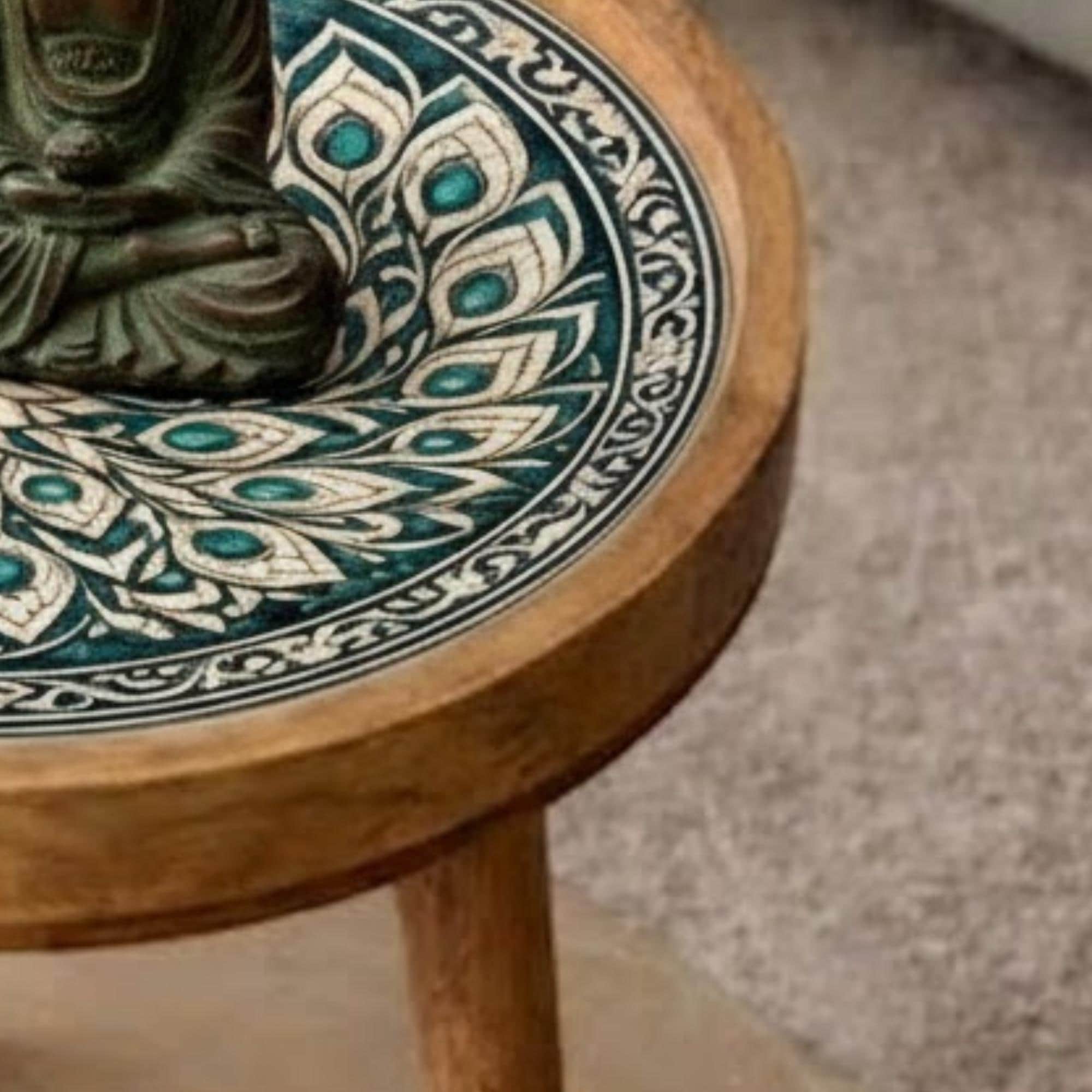 Handmade Mango Wood Side Table | Peacock Print Round Accent Table