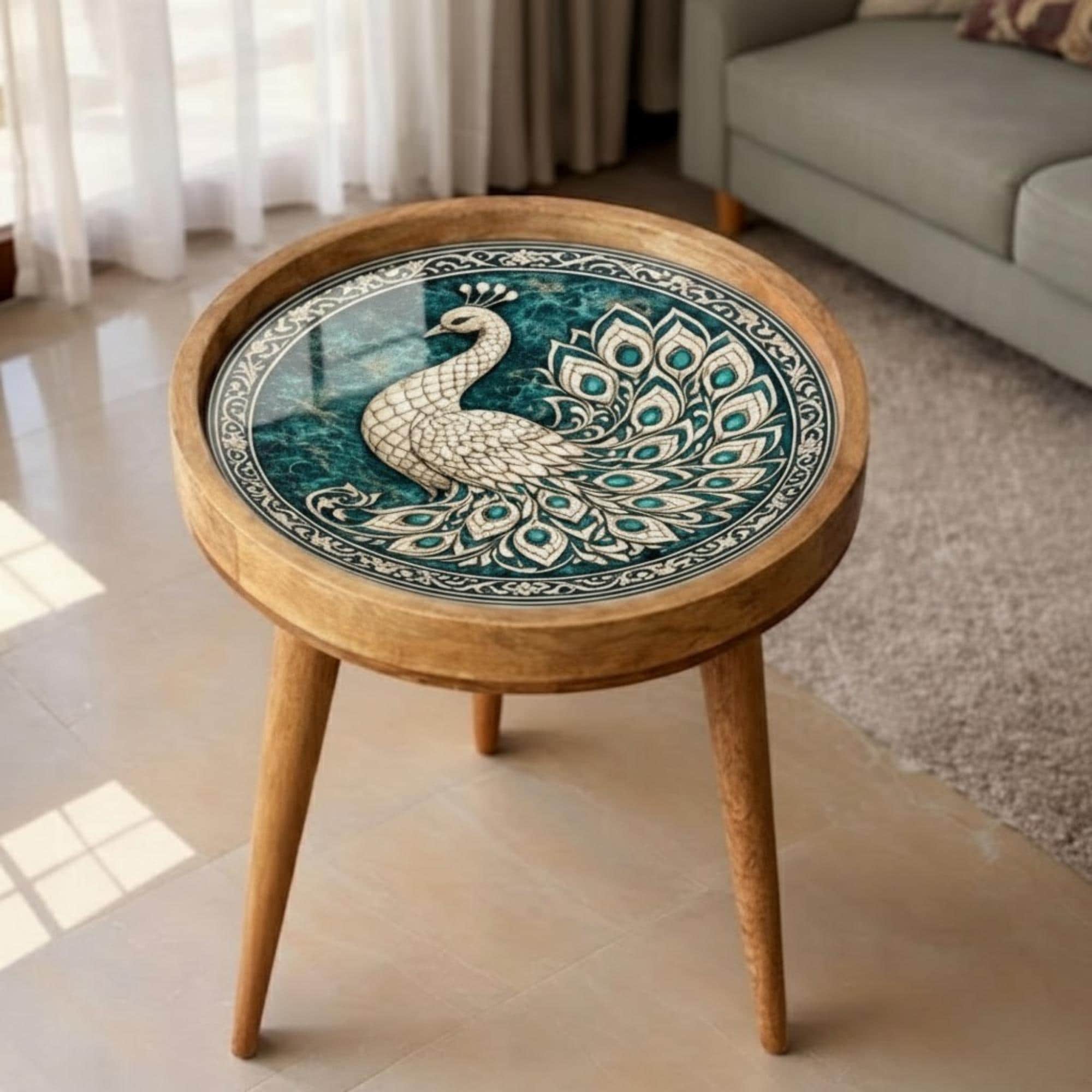 Handmade Mango Wood Side Table | Peacock Print Round Accent Table