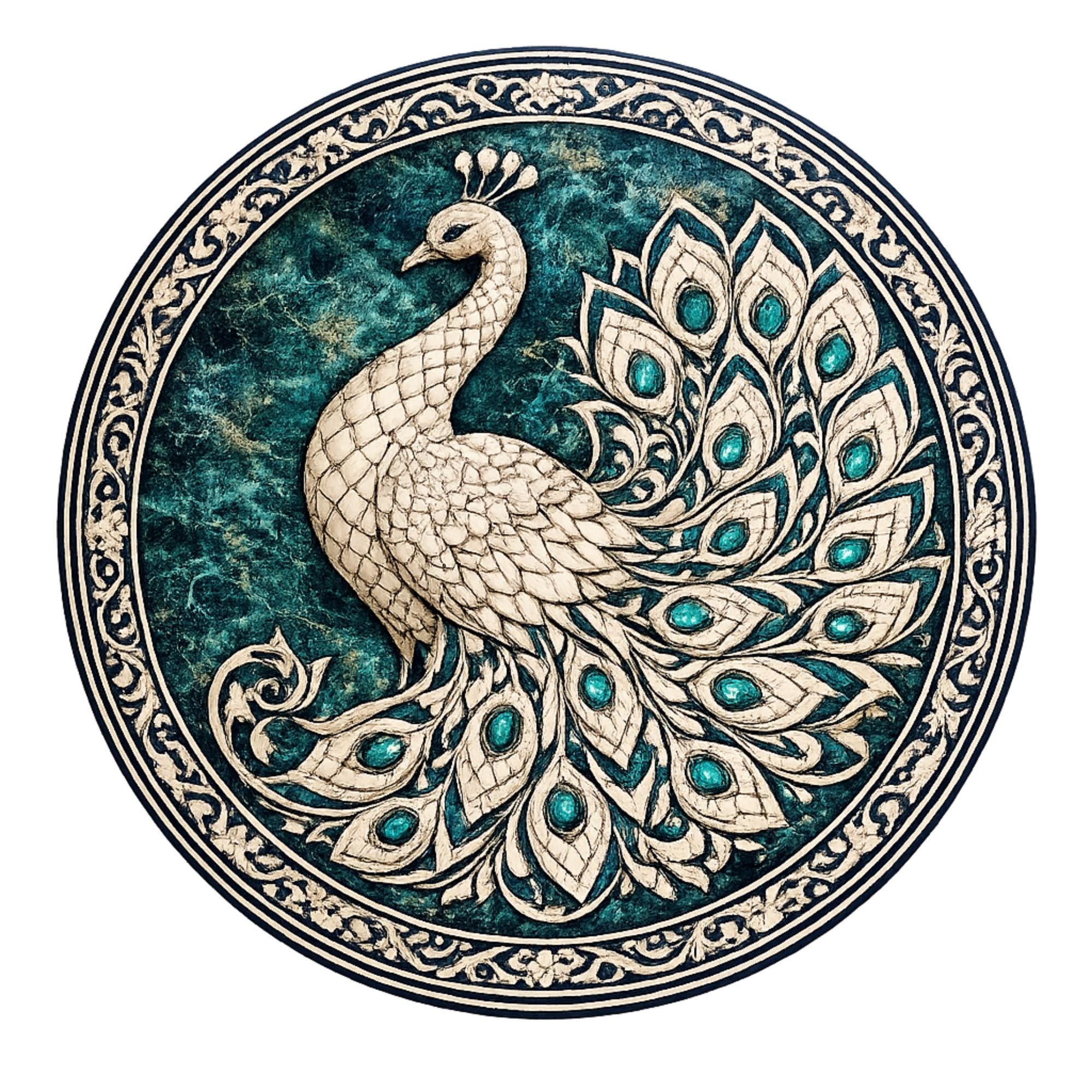 Handmade Mango Wood Side Table | Peacock Print Round Accent Table