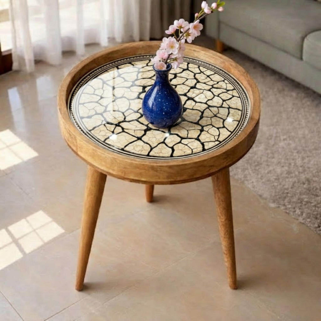 Handmade Mango Wood Side Table | Cracked Stone Print Round Accent Bedside Decor