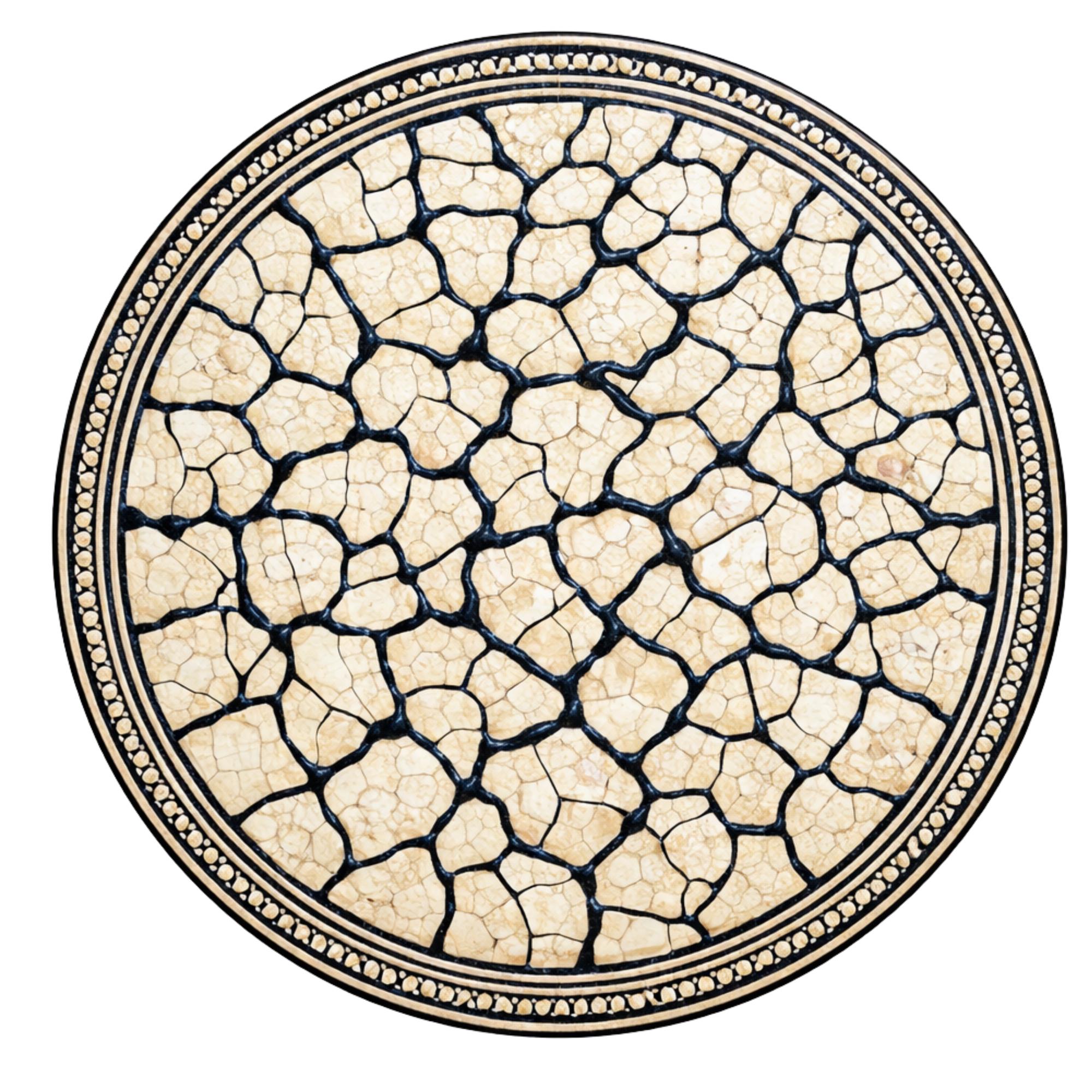 Handmade Mango Wood Side Table | Cracked Stone Print Round Accent Bedside Decor