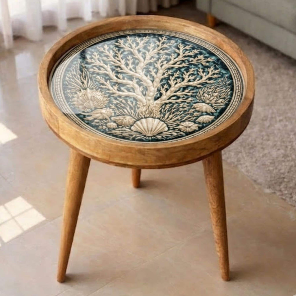 Handmade Mango Wood Side Table | Coastal Coral Print Round Accent Bedside Table