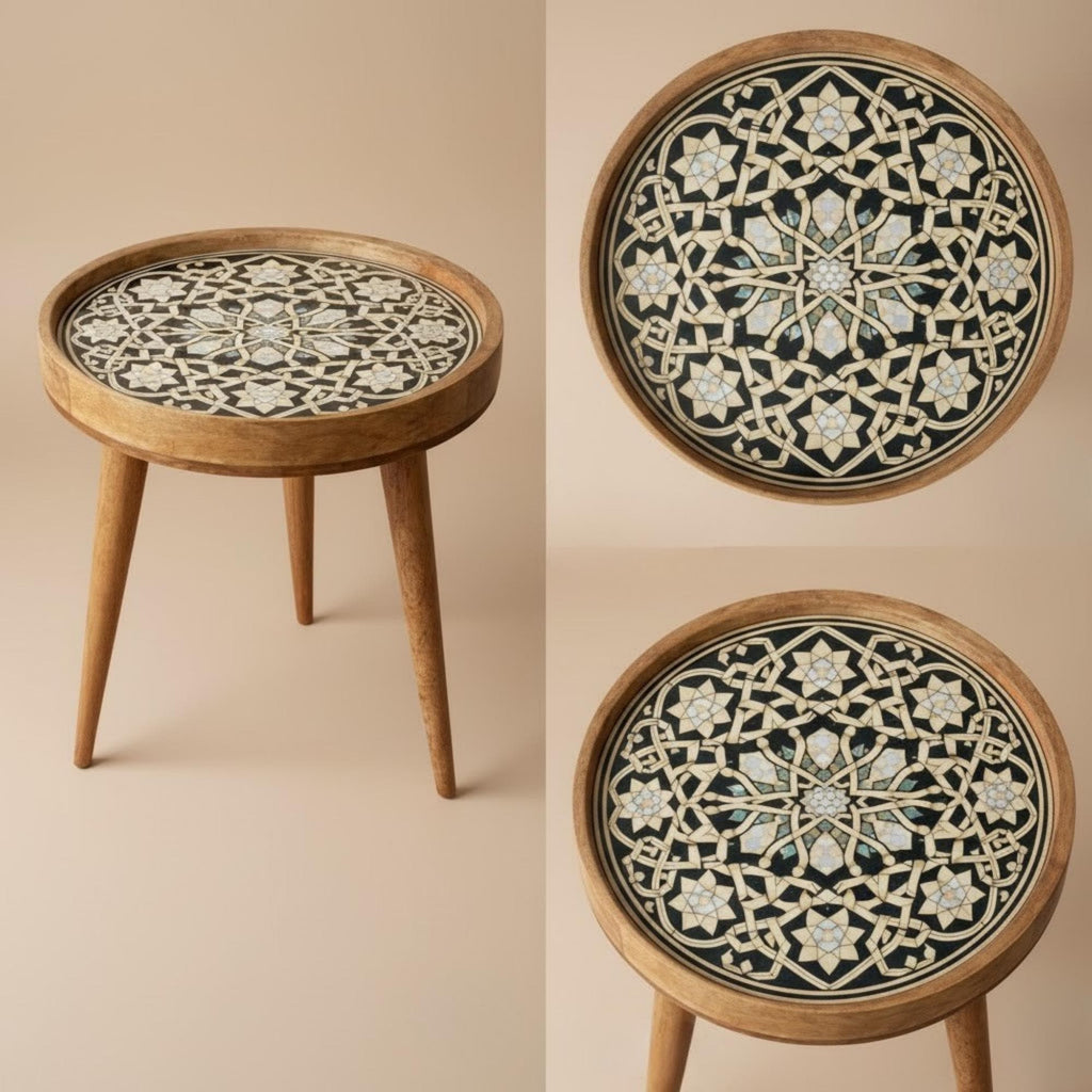 Handmade Mango Wood Side Table | Moroccan Geometric Print Boho Accent Round Table