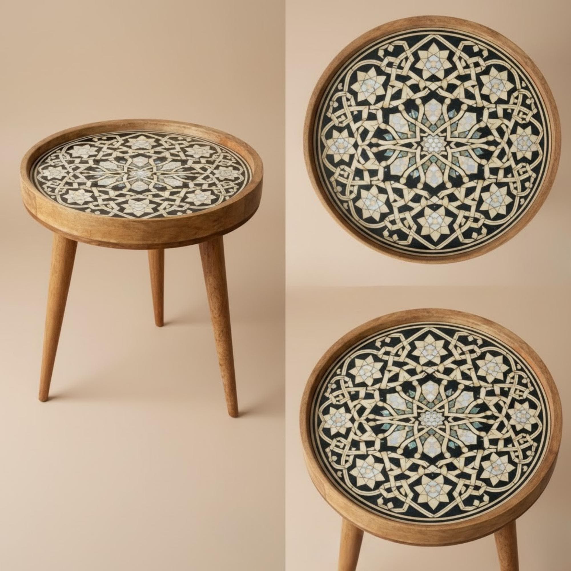 Handmade Mango Wood Side Table | Moroccan Geometric Print Boho Accent Round Table