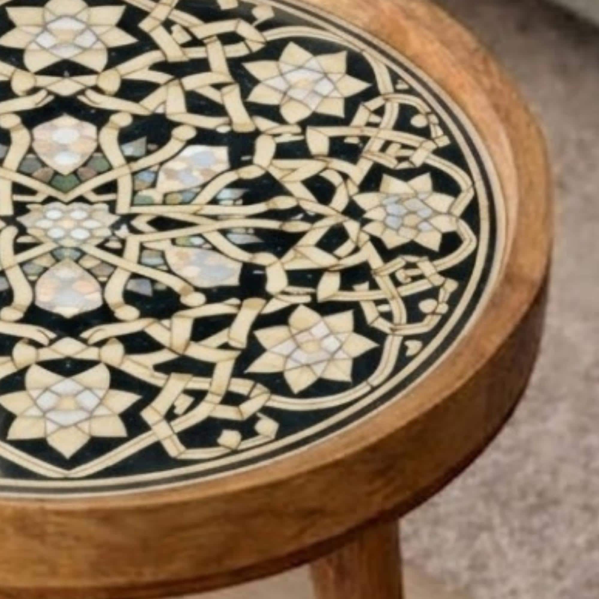 Handmade Mango Wood Side Table | Moroccan Geometric Print Boho Accent Round Table