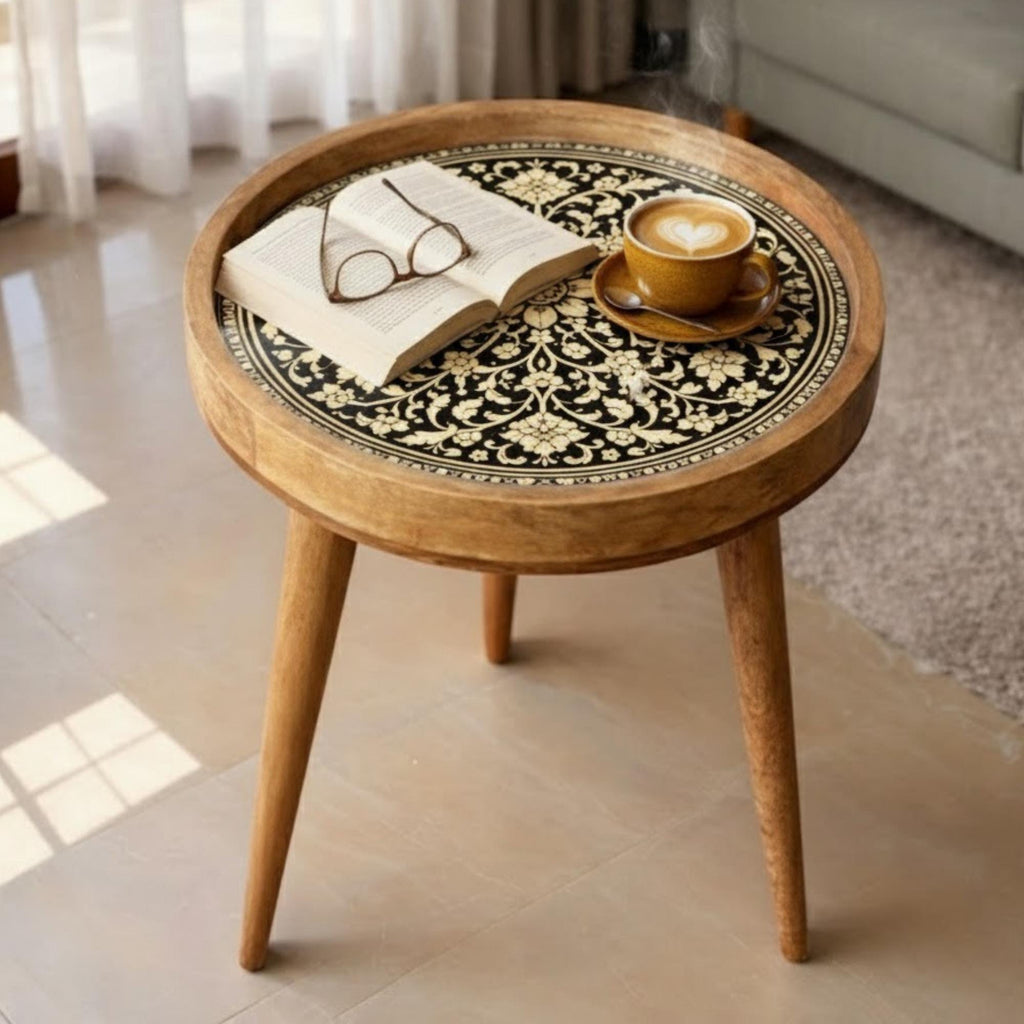 Handcrafted Mango Wood Side Table | Round Printed Accent Table | Boho Living Room Bedside Furniture