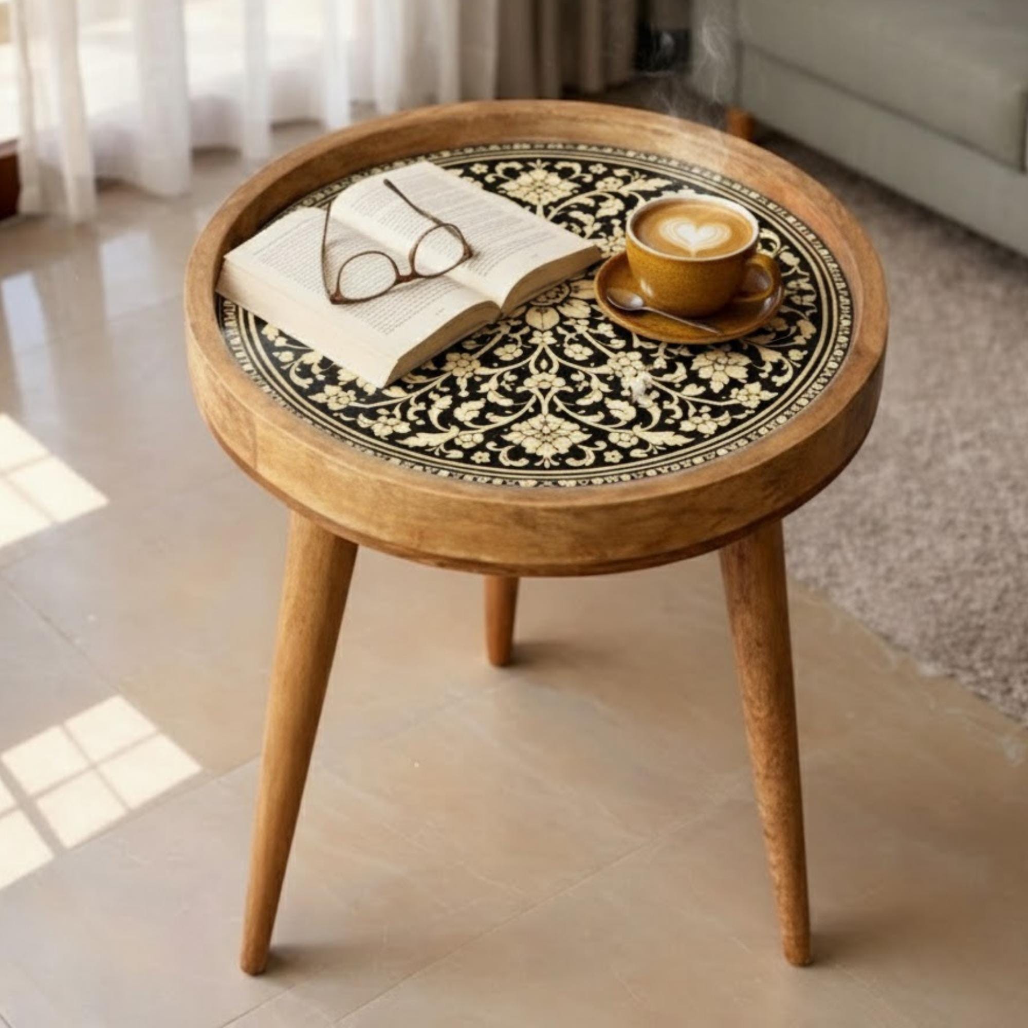 Handcrafted Mango Wood Side Table | Round Printed Accent Table | Boho Living Room Bedside Furniture
