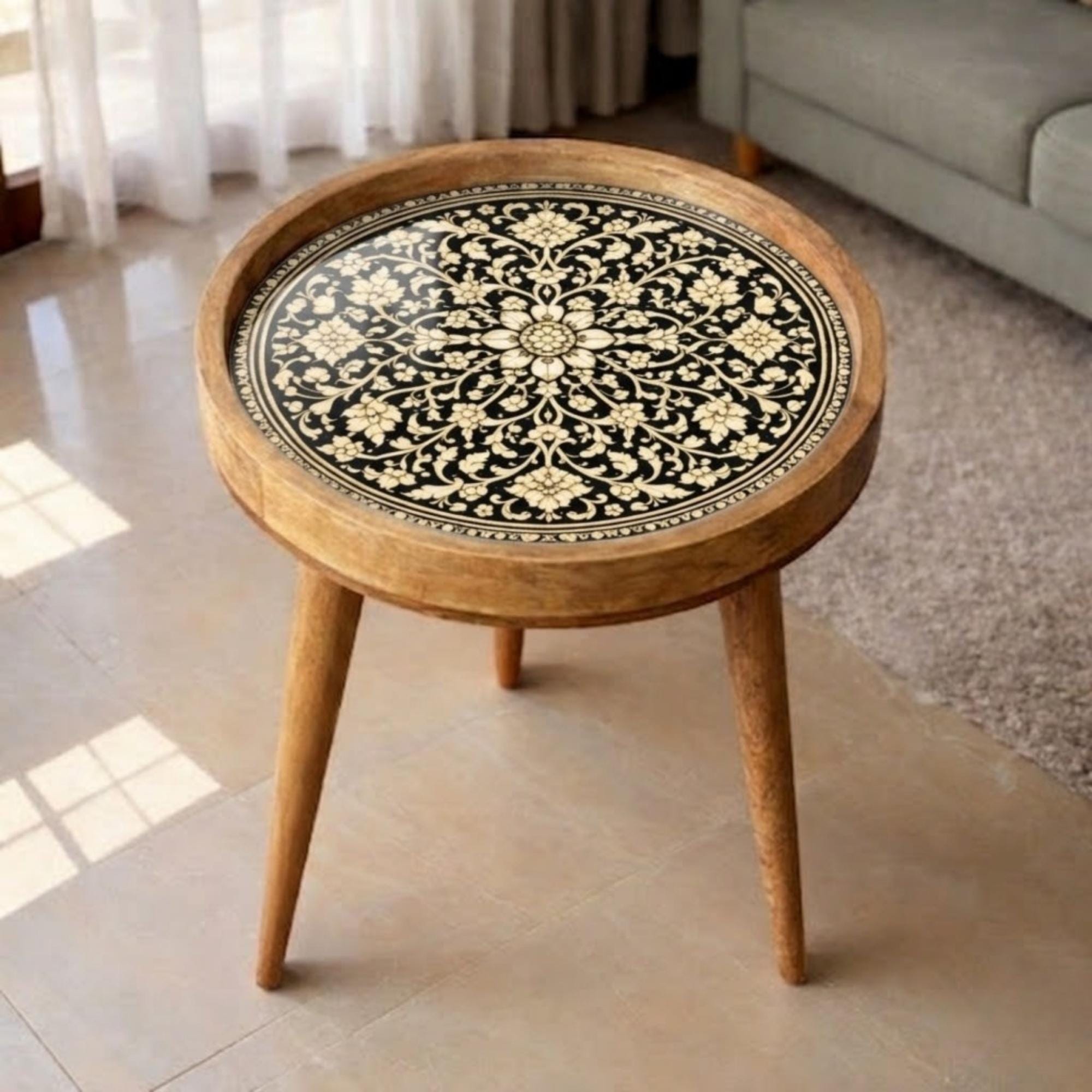 Handcrafted Mango Wood Side Table | Round Printed Accent Table | Boho Living Room Bedside Furniture