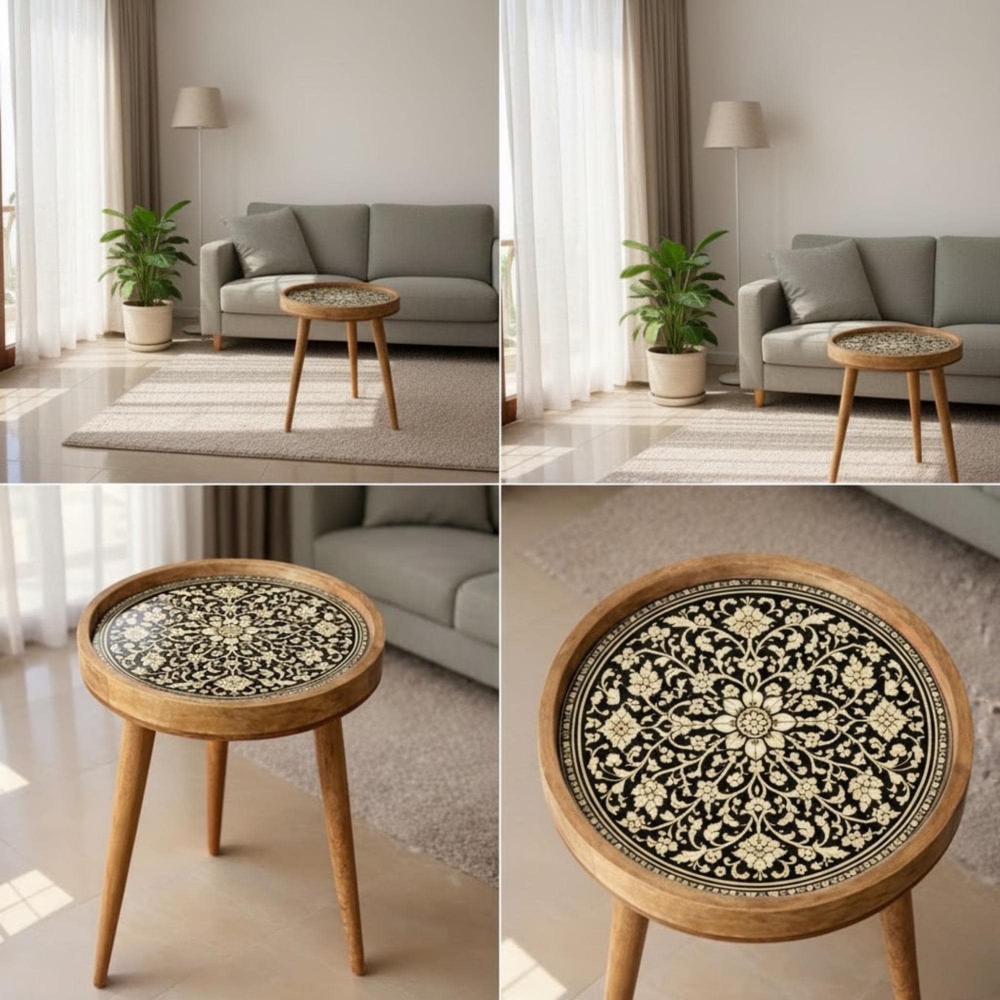 Handcrafted Mango Wood Side Table | Round Printed Accent Table | Boho Living Room Bedside Furniture