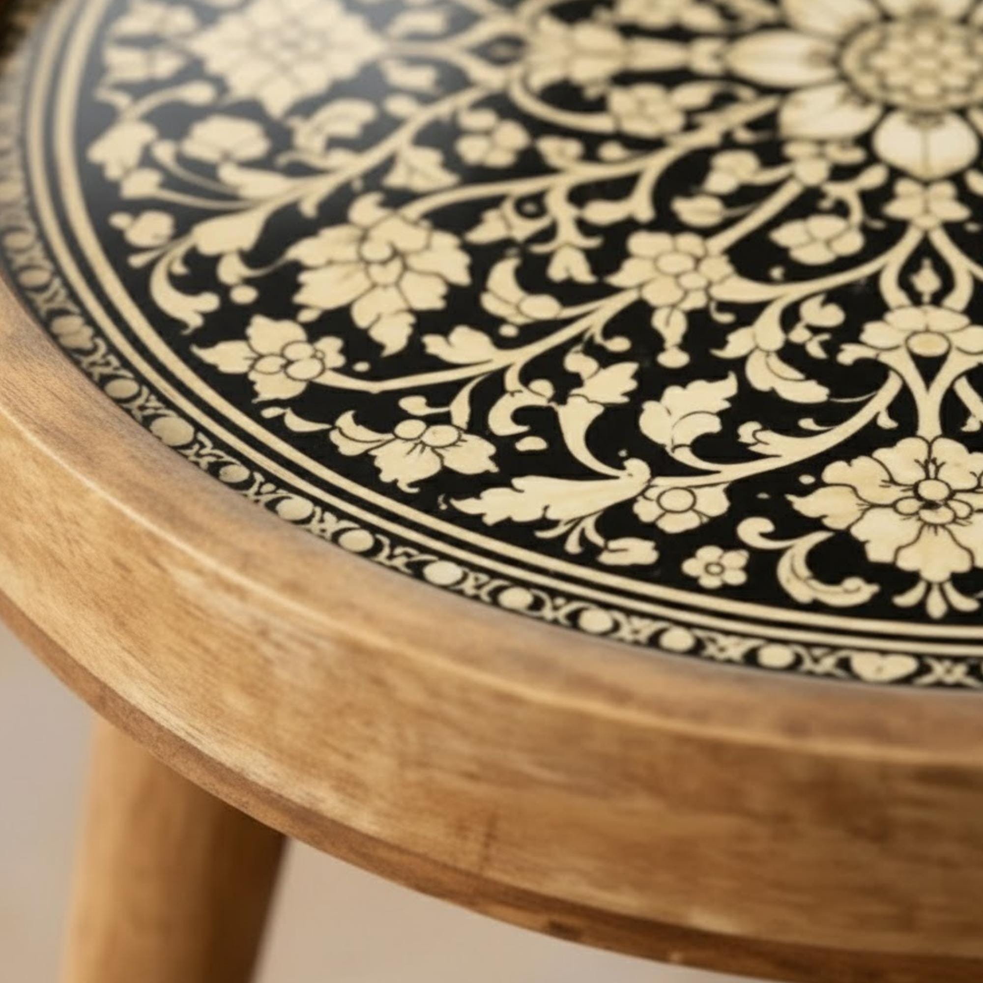 Handcrafted Mango Wood Side Table | Round Printed Accent Table | Boho Living Room Bedside Furniture