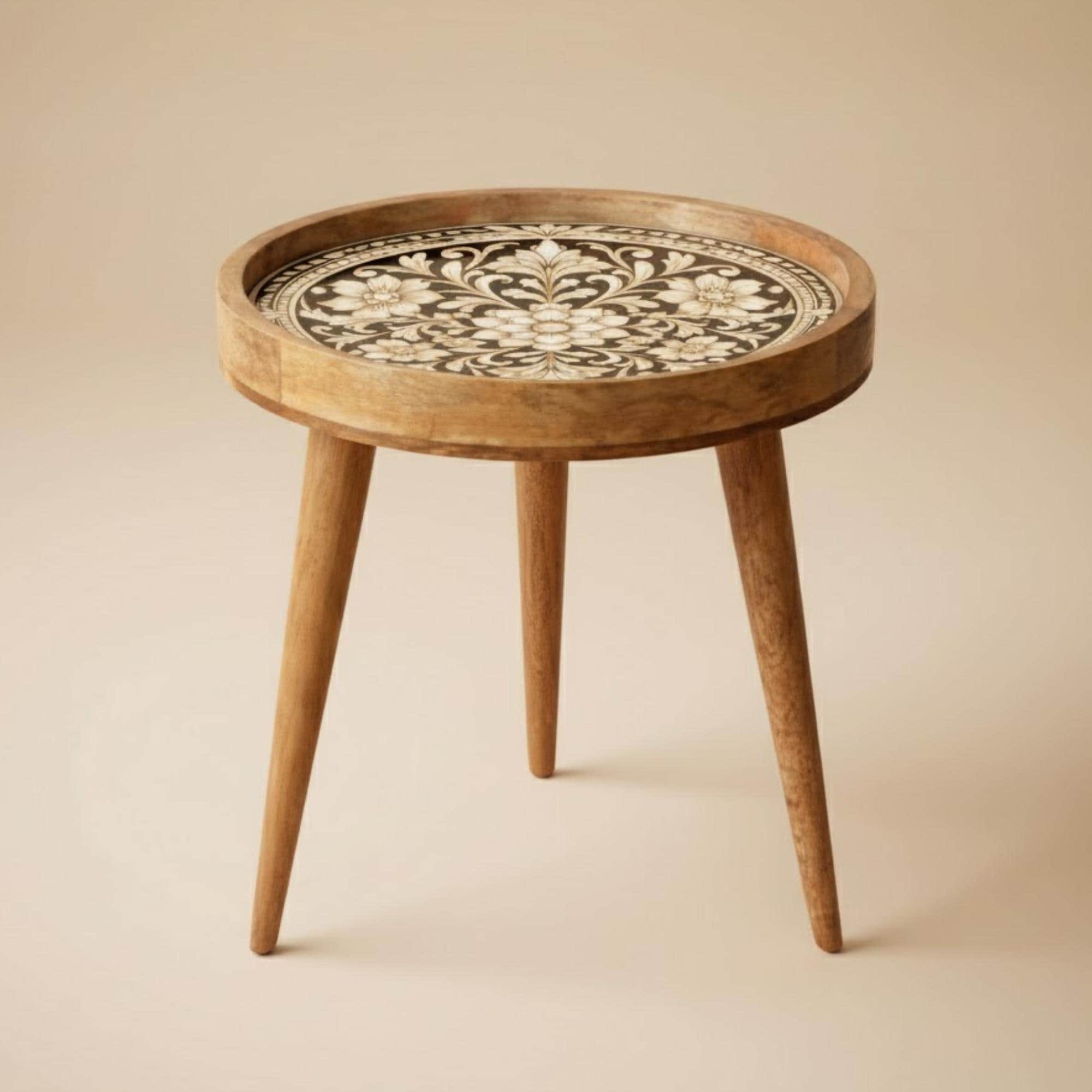 Handmade Mango Wood Side Table | Floral Printed Round Accent Table | Boho Bedside Furniture