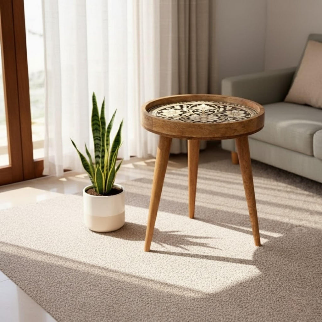 Handmade Mango Wood Side Table | Floral Printed Round Accent Table | Boho Bedside Furniture