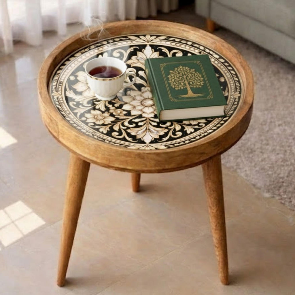 Handmade Mango Wood Side Table | Floral Printed Round Accent Table | Boho Bedside Furniture