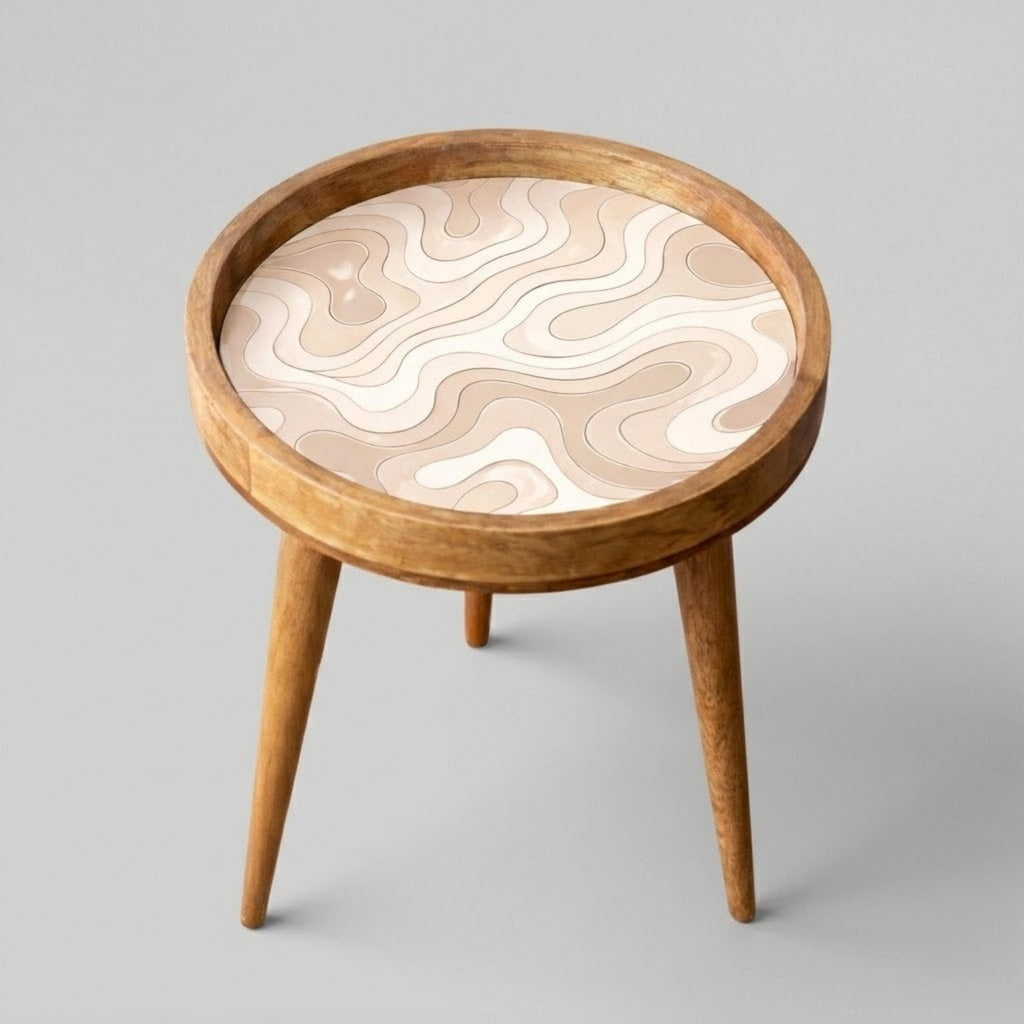 Handmade Printed Mango Wood Side Table | Neutral Wave Round End Table | Modern Accent Furniture