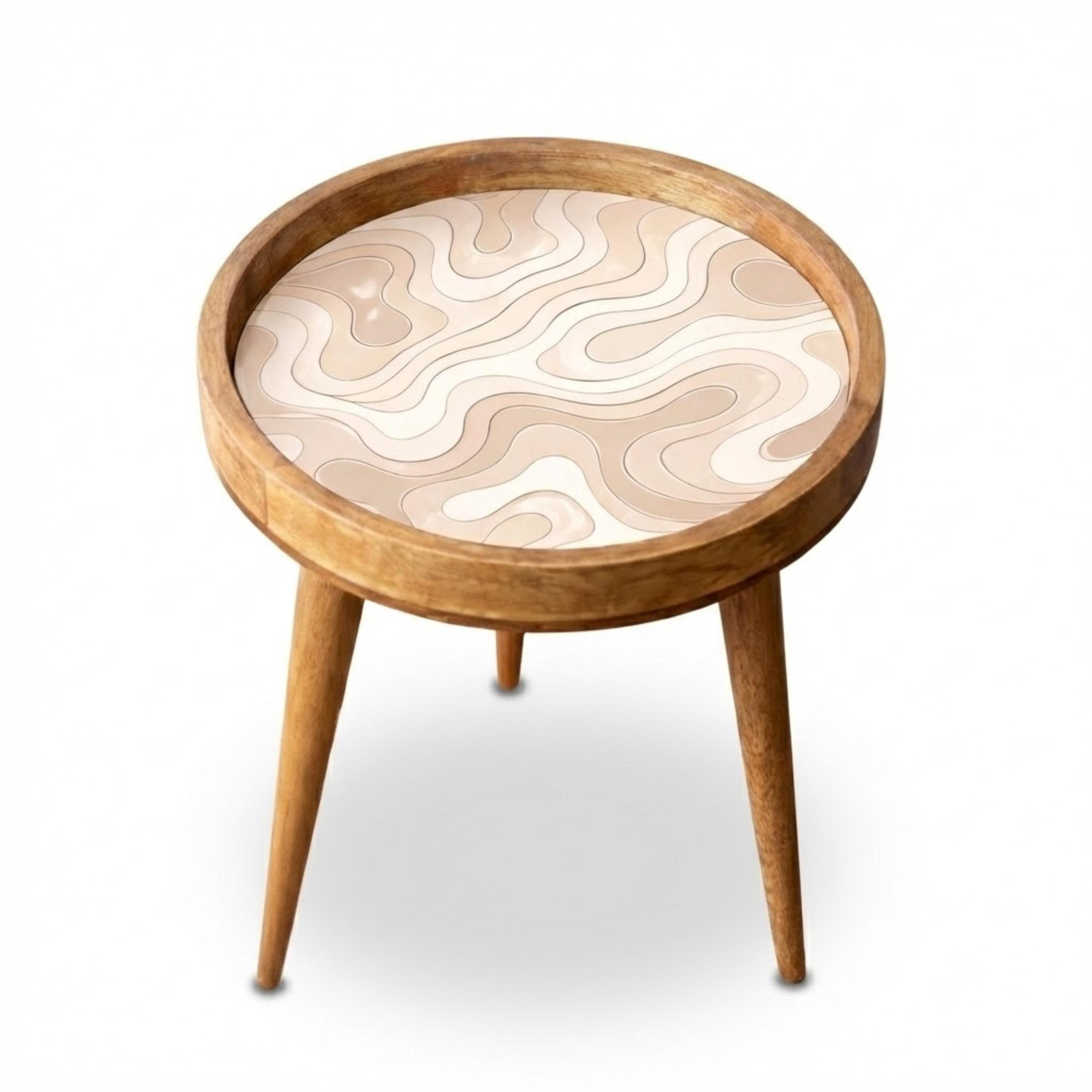 Handmade Printed Mango Wood Side Table | Neutral Wave Round End Table | Modern Accent Furniture