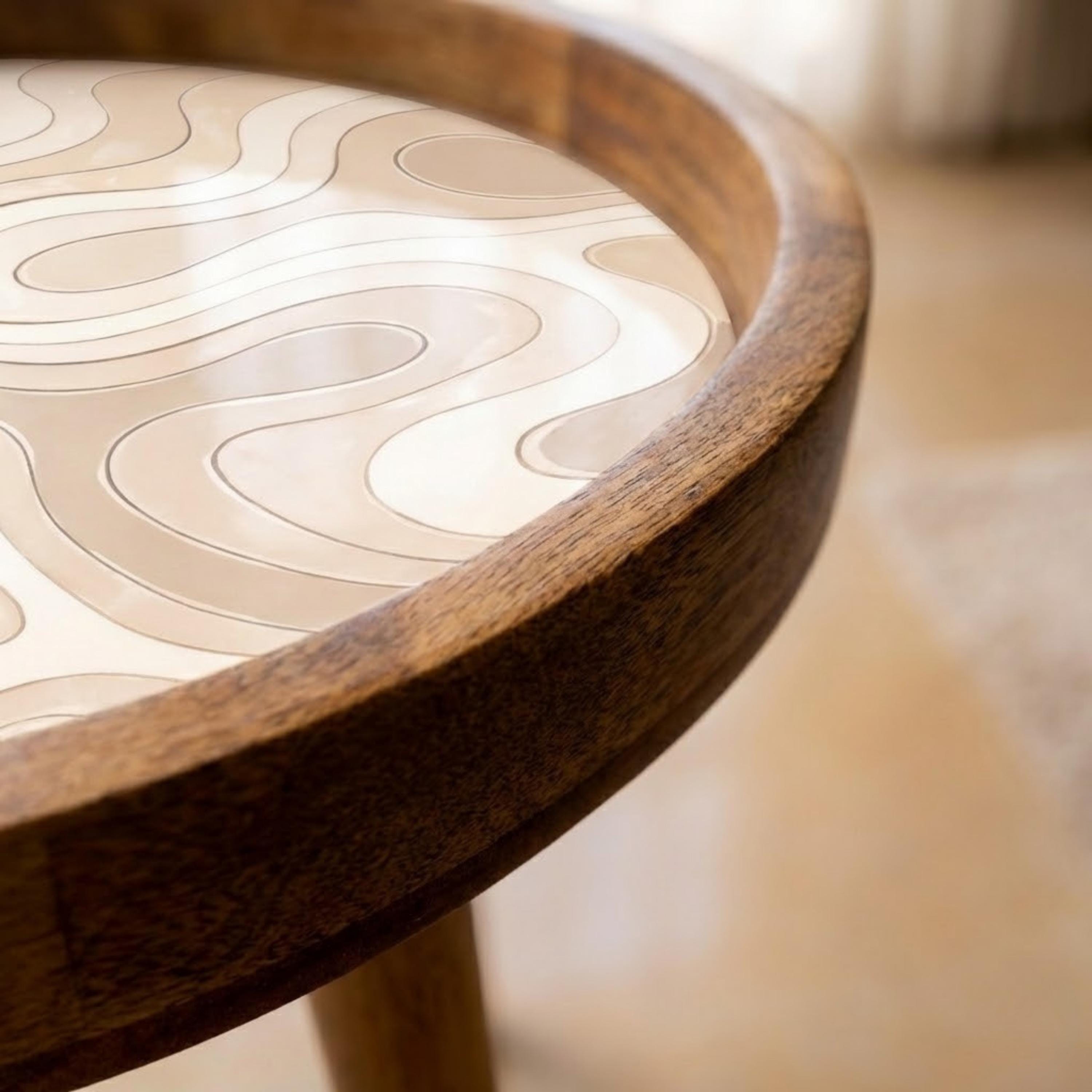 Handmade Printed Mango Wood Side Table | Neutral Wave Round End Table | Modern Accent Furniture