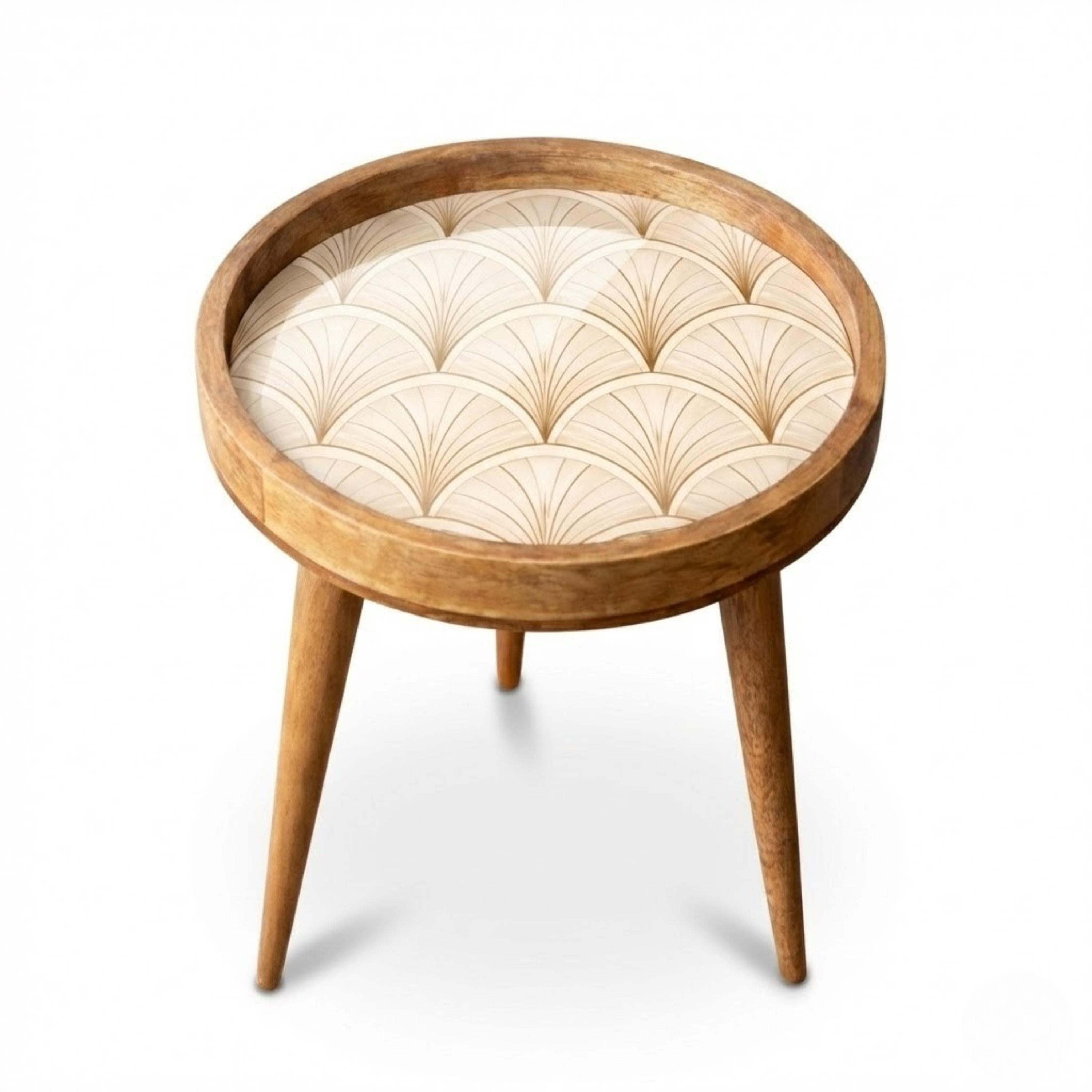 Handmade Printed Mango Wood Side Table | Art Deco Round End Table | Neutral Accent Furniture