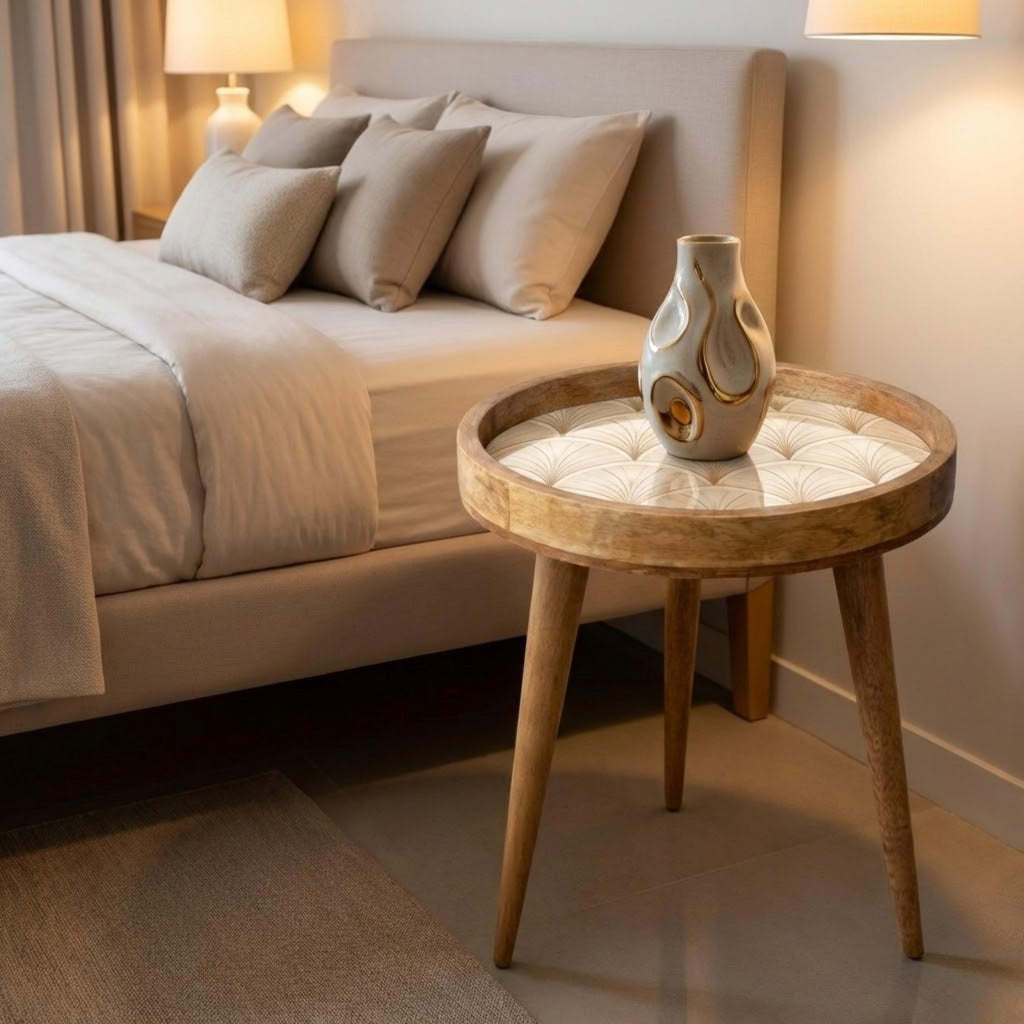 Handmade Printed Mango Wood Side Table | Art Deco Round End Table | Neutral Accent Furniture