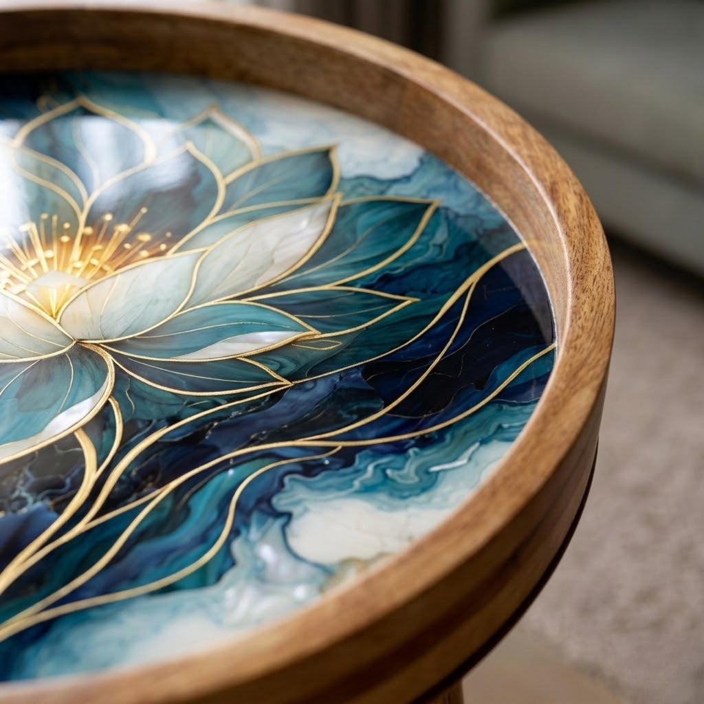 Handmade Mango Wood Side Table | Blue Lotus Art Accent Table | Boho Meditation Decor