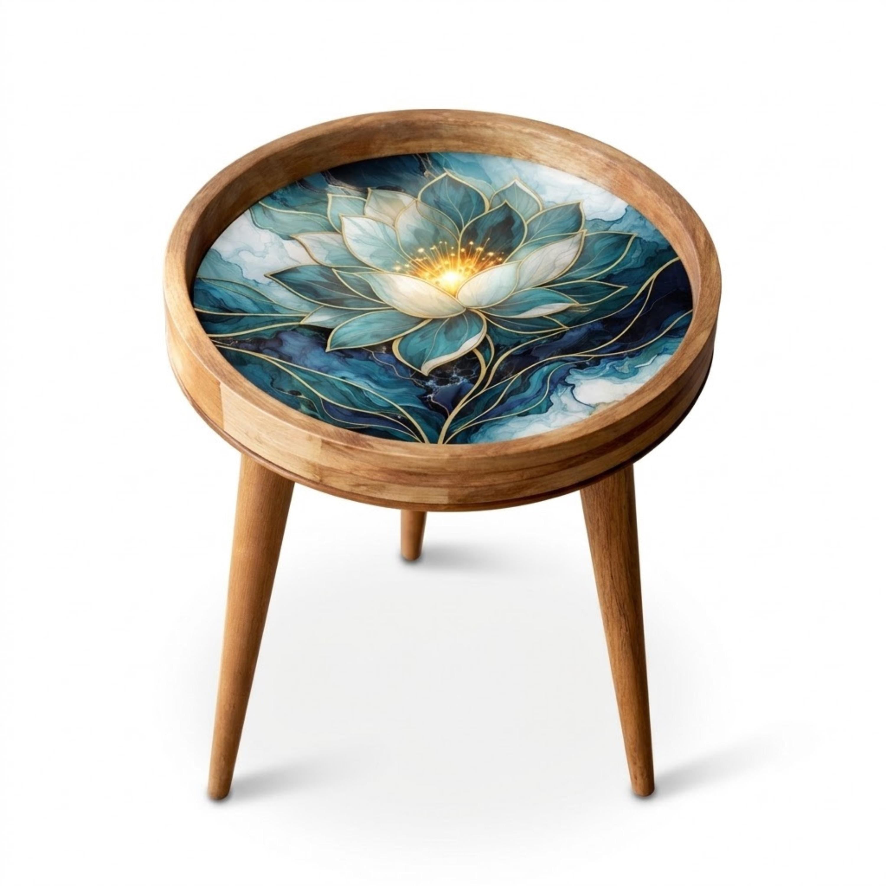 Handmade Mango Wood Side Table | Blue Lotus Art Accent Table | Boho Meditation Decor
