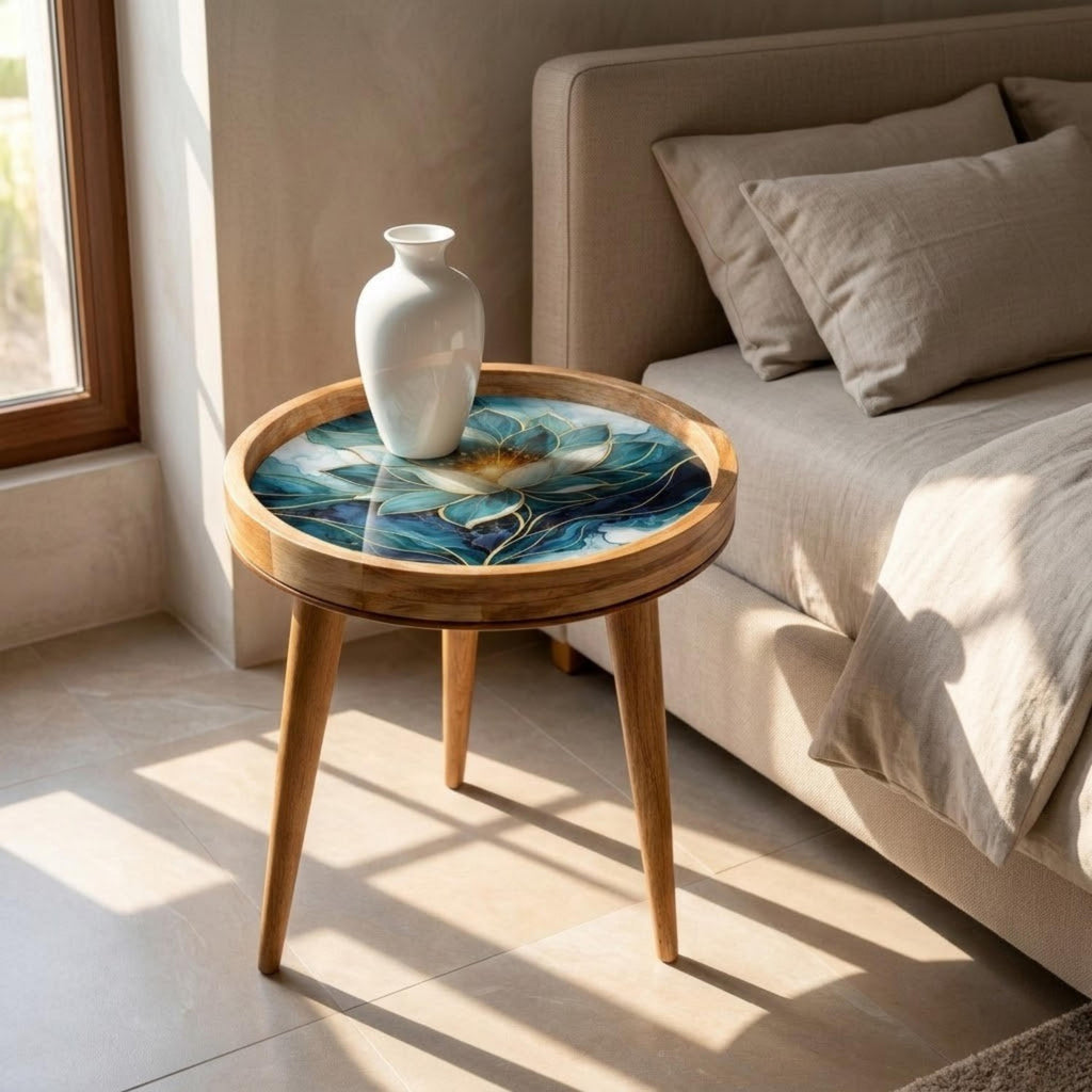 Handmade Mango Wood Side Table | Blue Lotus Art Accent Table | Boho Meditation Decor