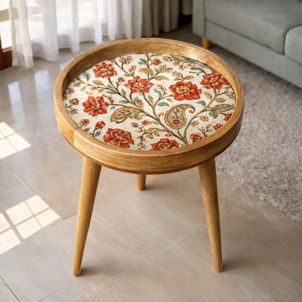 Handmade Mango Wood Side Table | Vintage Floral Print Round Boho Accent Furniture