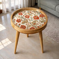 Handmade Mango Wood Side Table | Vintage Floral Print Round Boho Accent Furniture