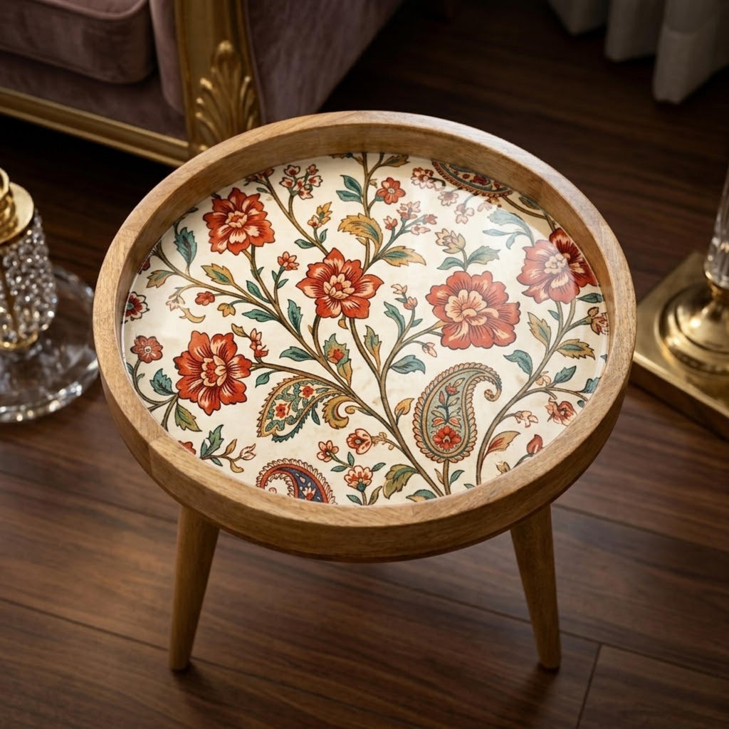 Handmade Mango Wood Side Table | Vintage Floral Print Round Boho Accent Furniture