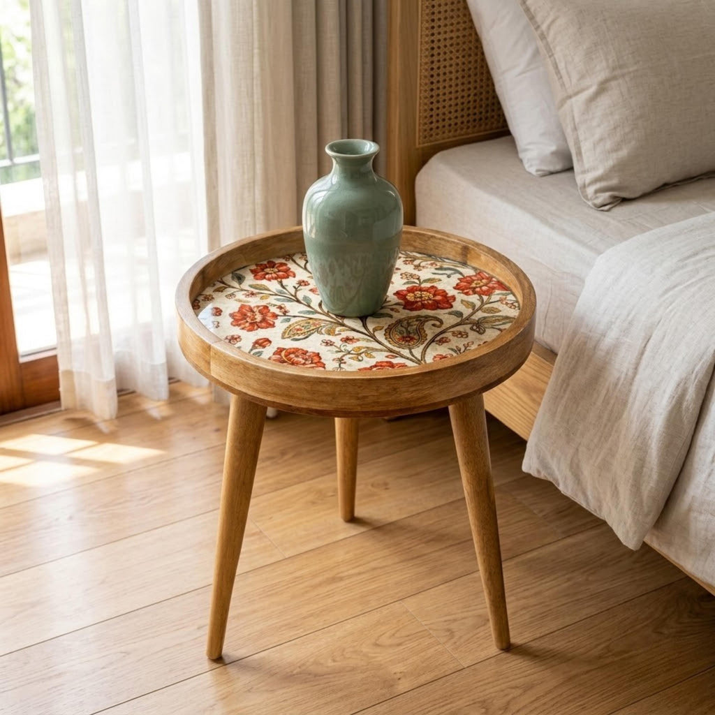 Handmade Mango Wood Side Table | Vintage Floral Print Round Boho Accent Furniture