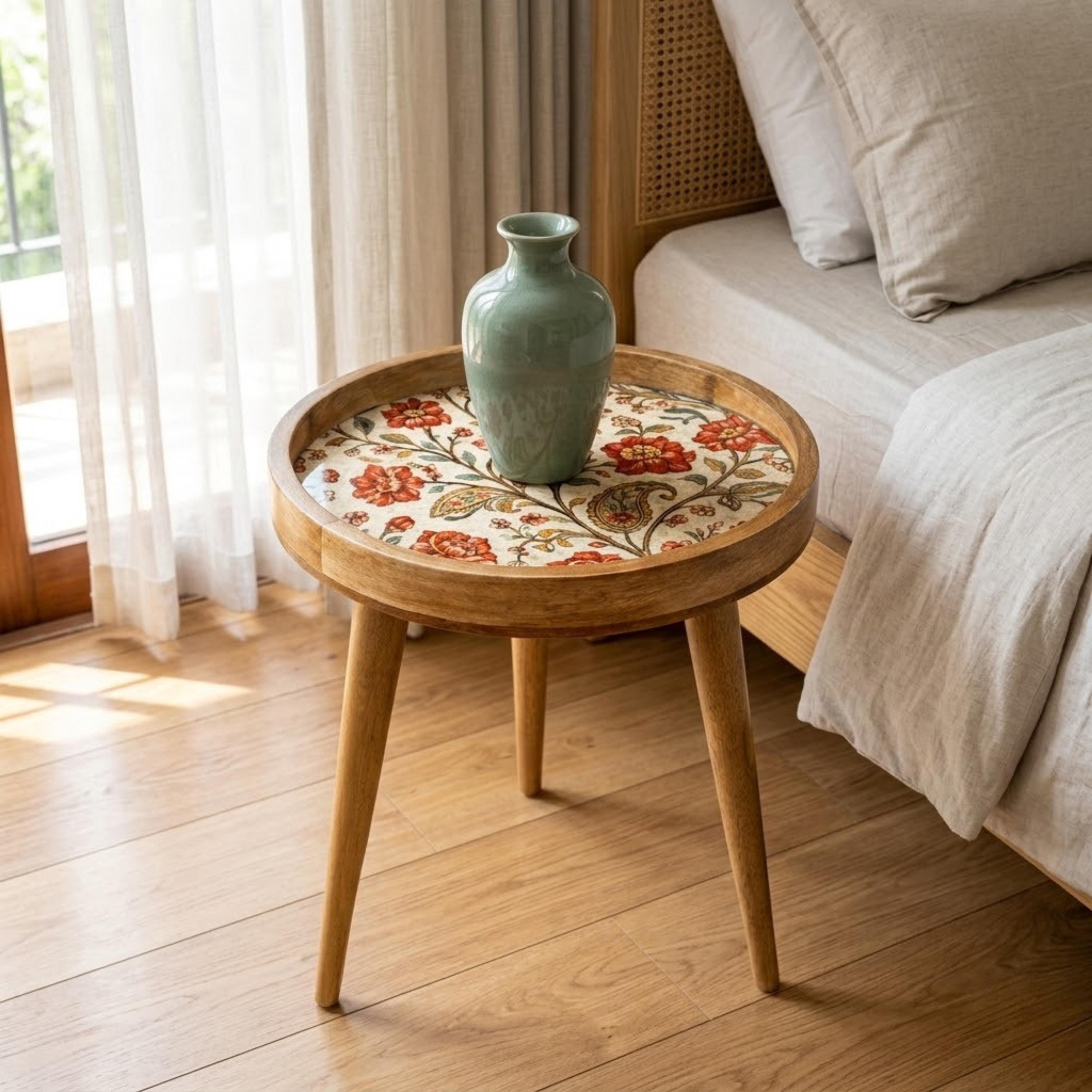 Handmade Mango Wood Side Table | Vintage Floral Print Round Boho Accent Furniture