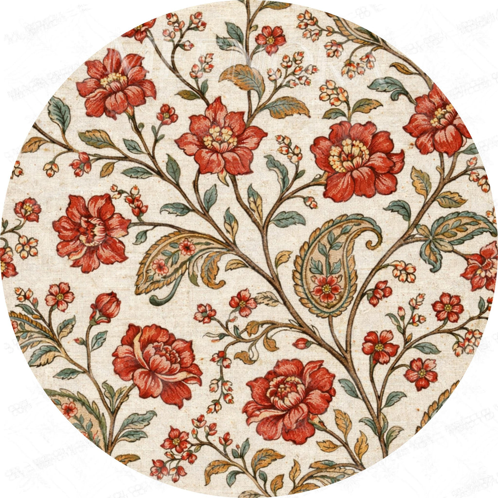 Handmade Mango Wood Side Table | Vintage Floral Print Round Boho Accent Furniture