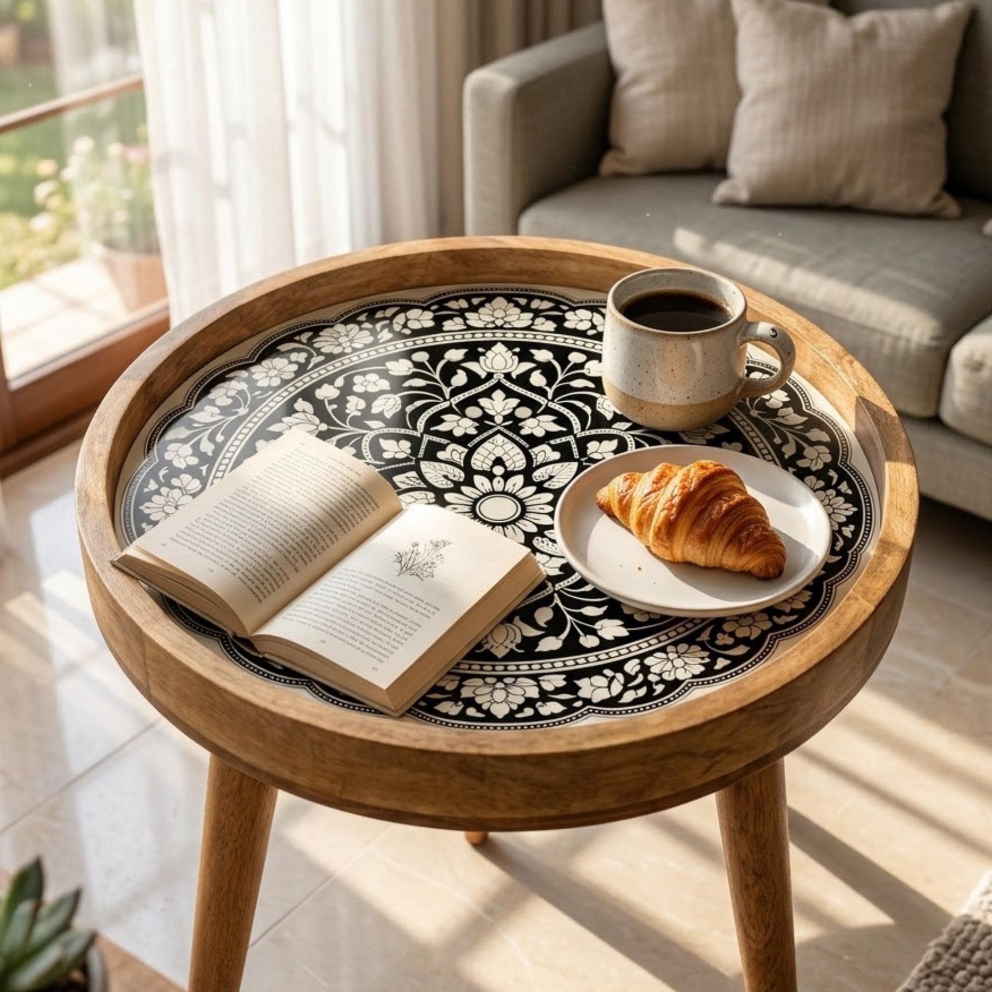 Handmade Mango Wood Side Table | Floral Mandala Print Accent Table