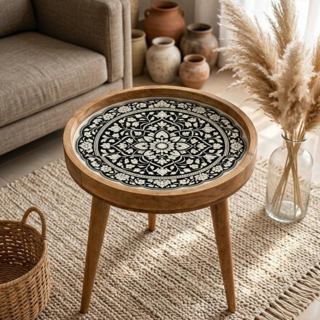Handmade Mango Wood Side Table | Floral Mandala Print Accent Table