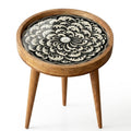 Handmade Mango Wood Side Table | Printed Floral Round Accent Table | Boho Rustic Bedside Furniture