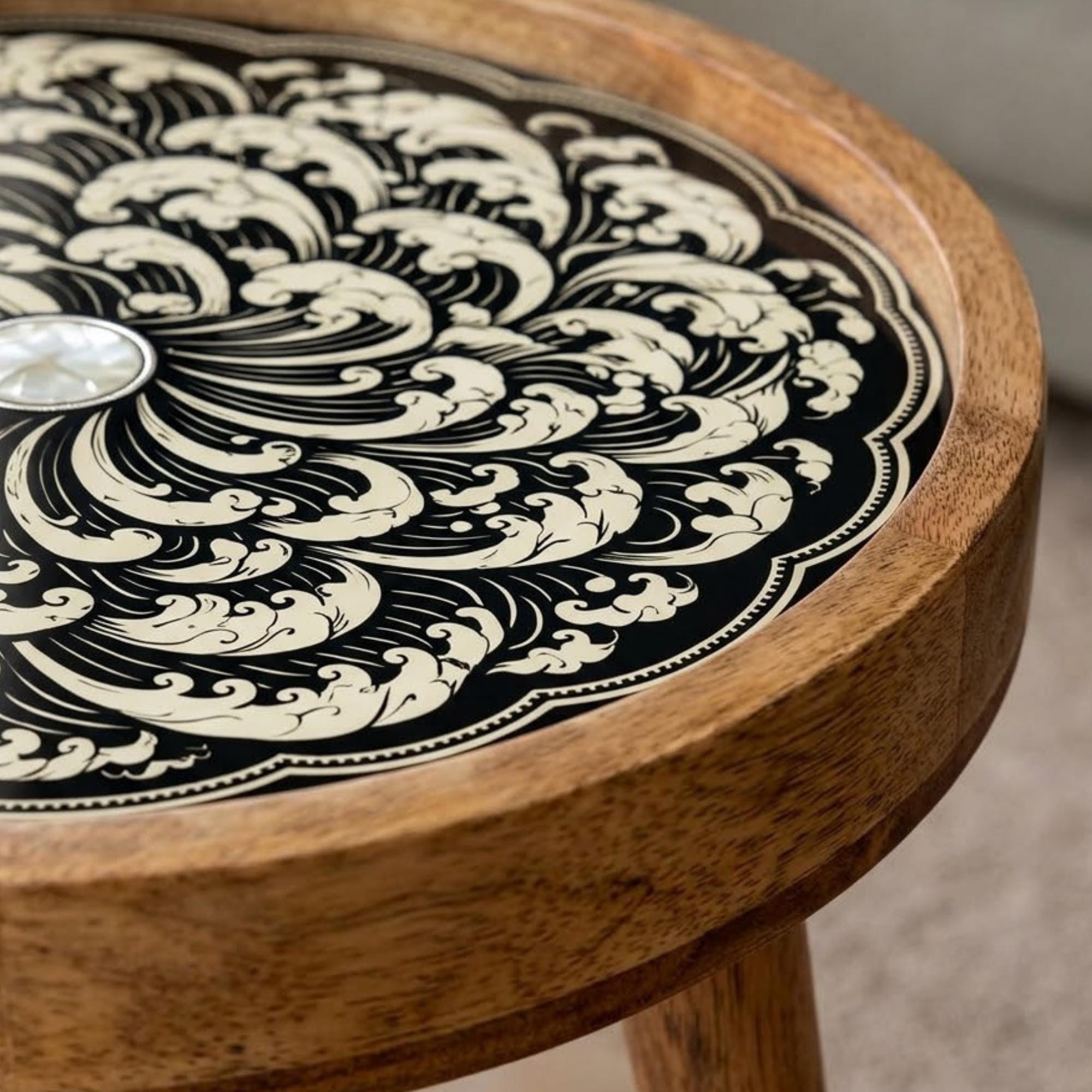 Handmade Mango Wood Side Table | Printed Floral Round Accent Table | Boho Rustic Bedside Furniture