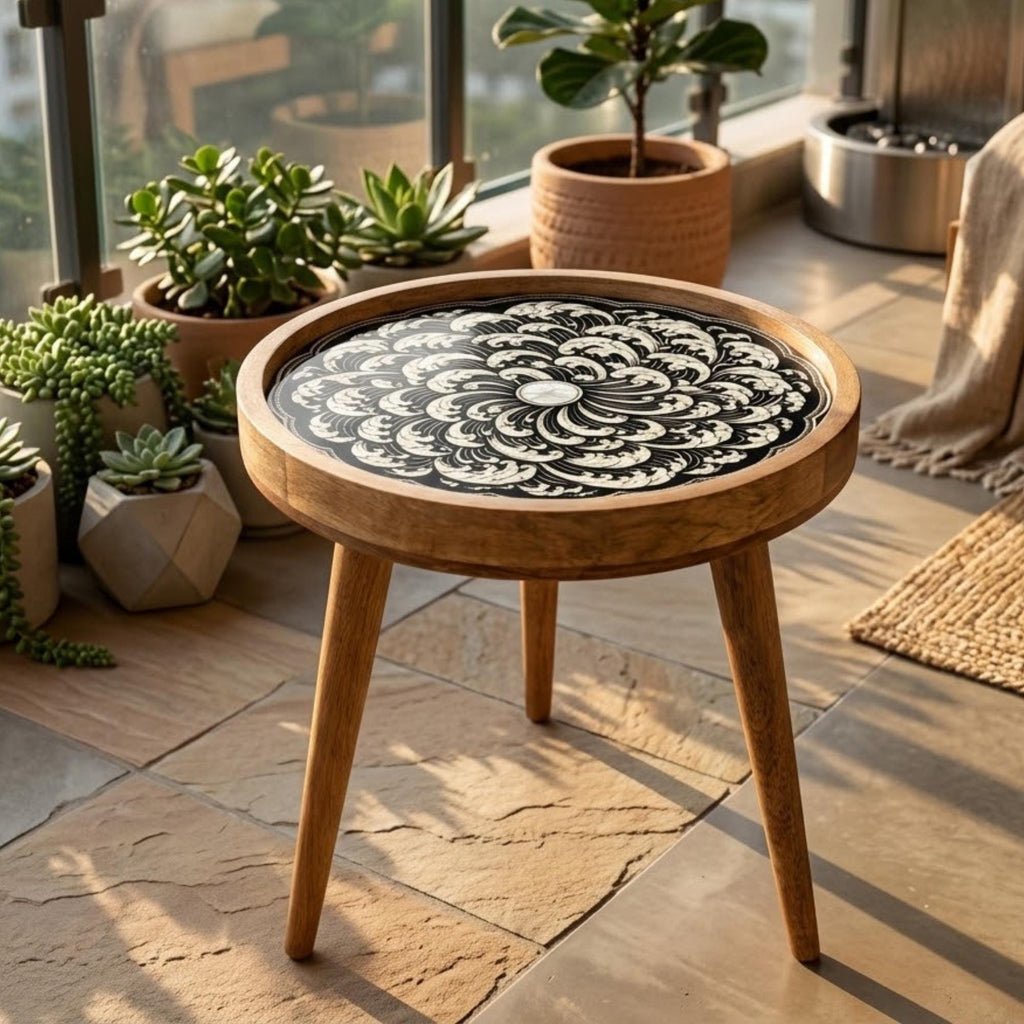 Handmade Mango Wood Side Table | Printed Floral Round Accent Table | Boho Rustic Bedside Furniture