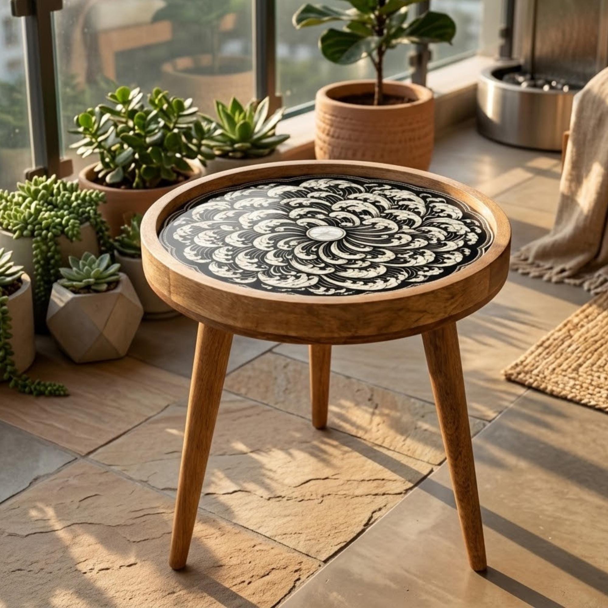 Handmade Mango Wood Side Table | Printed Floral Round Accent Table | Boho Rustic Bedside Furniture