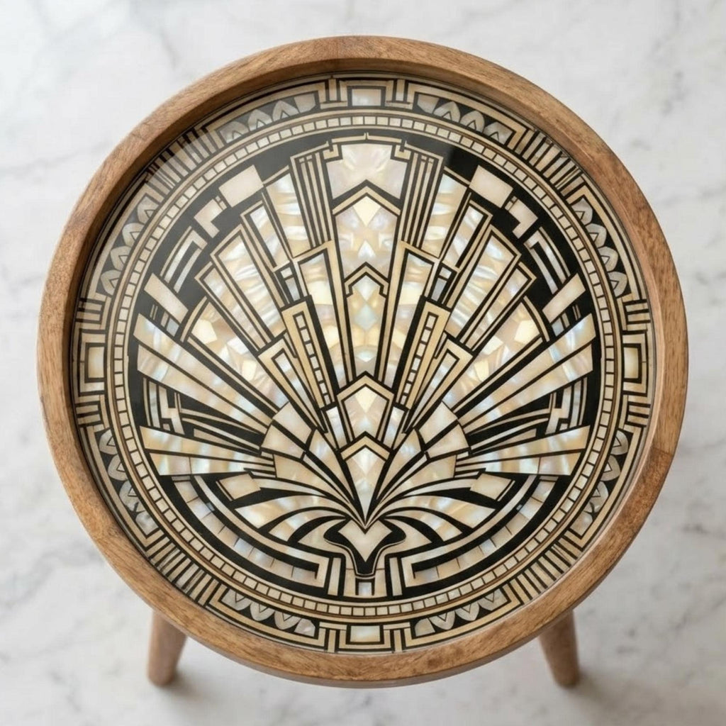 Handmade Mango Wood Side Table | Art Deco Printed Round Accent Table