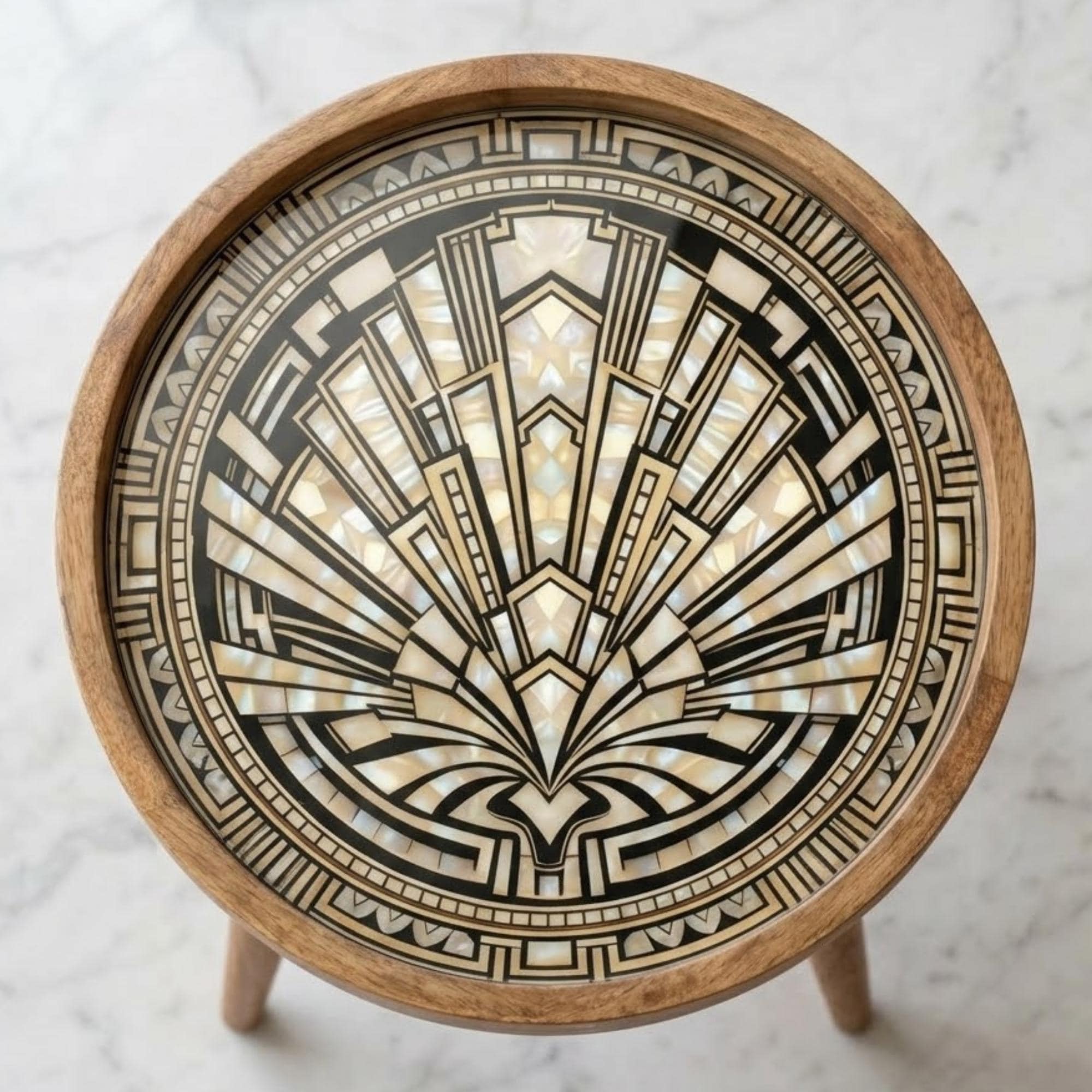 Handmade Mango Wood Side Table | Art Deco Printed Round Accent Table
