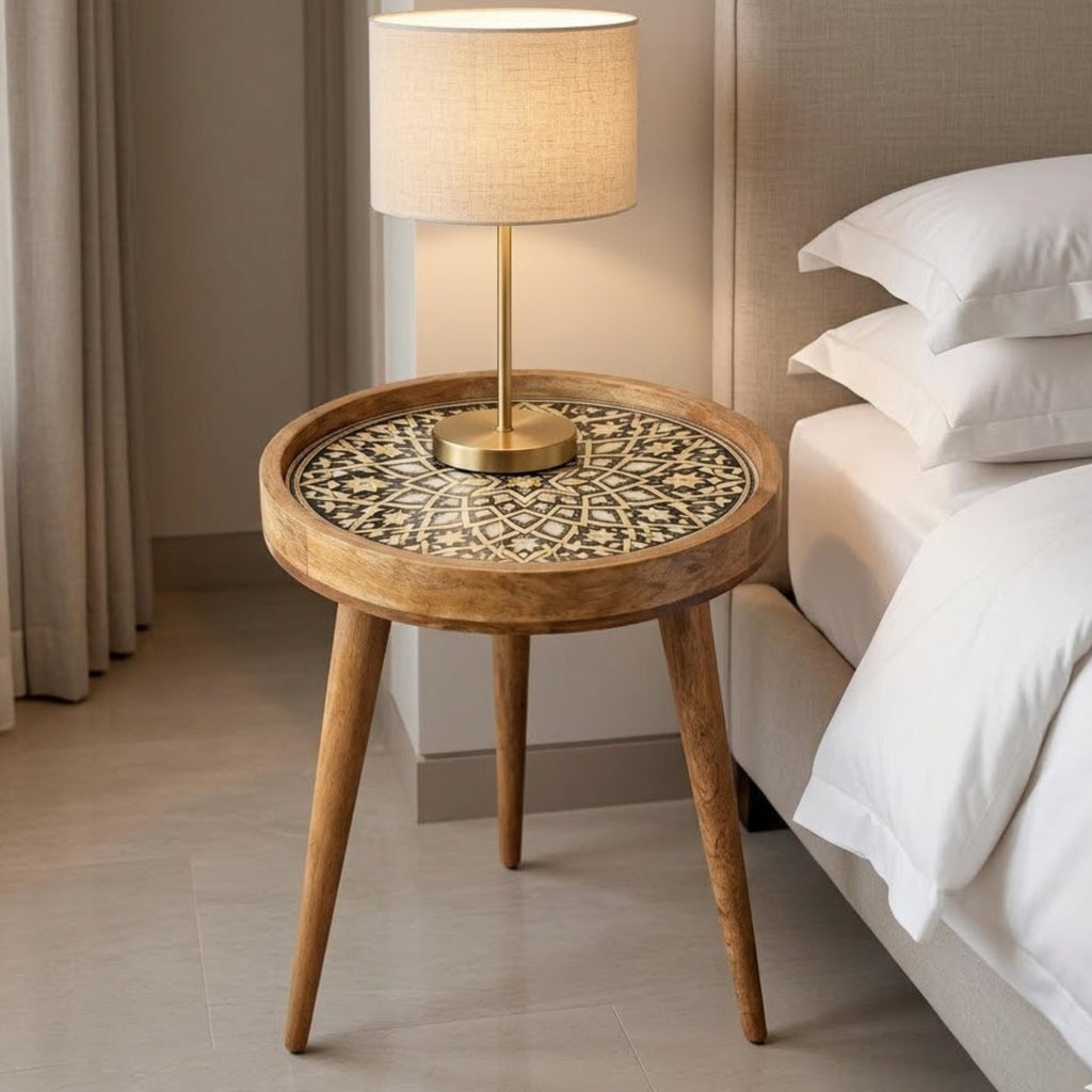 Handmade Mango Wood Side Table | Mandala Printed Boho Accent Table