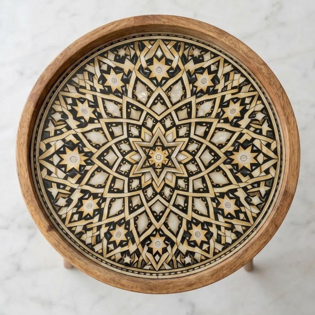 Handmade Mango Wood Side Table | Mandala Printed Boho Accent Table