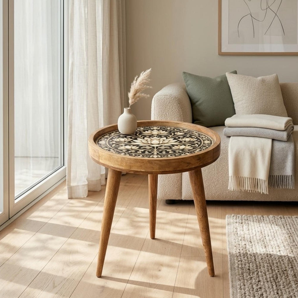 Handmade Mango Wood Side Table with Lotus Print | Boho Round Accent Bedside Table
