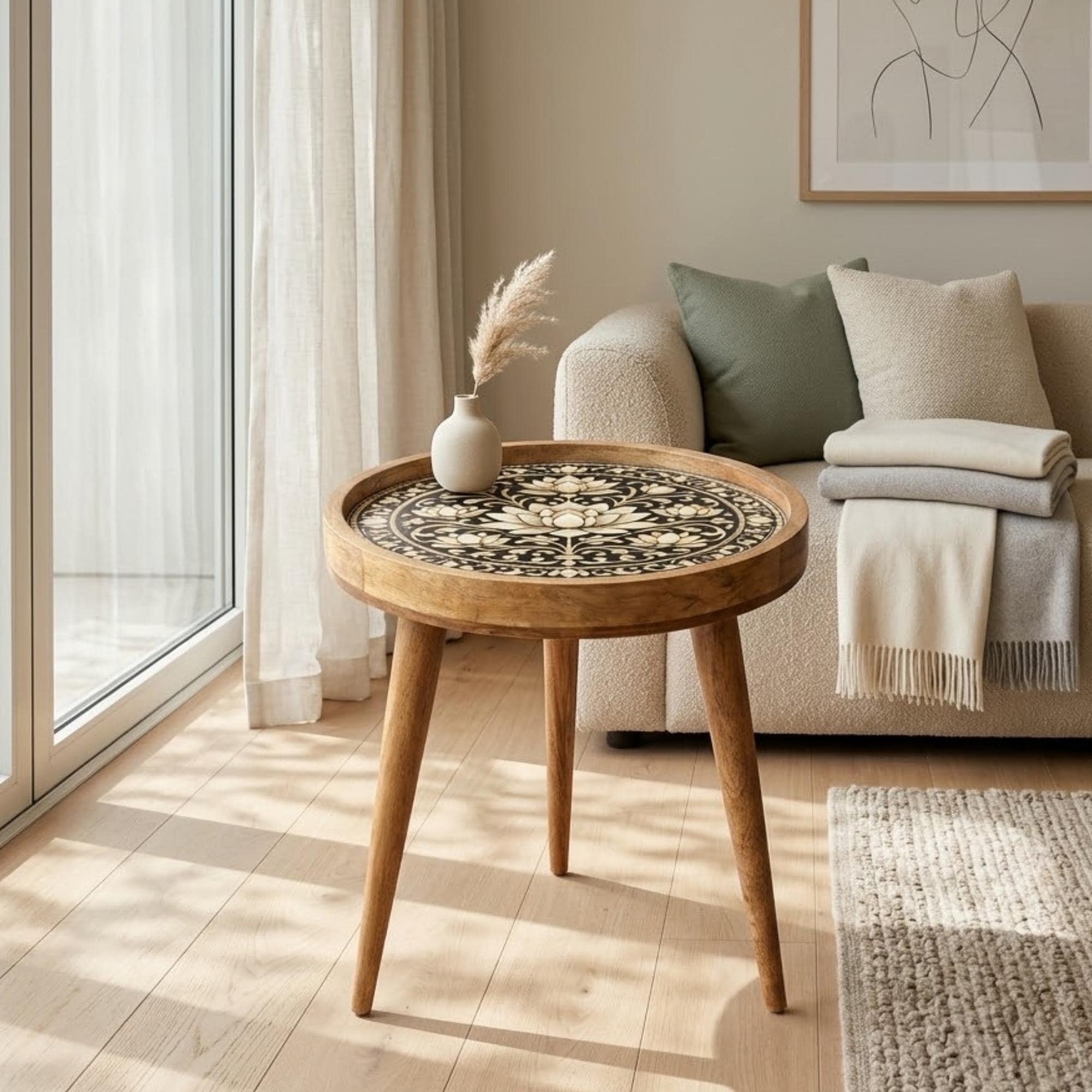 Handmade Mango Wood Side Table with Lotus Print | Boho Round Accent Bedside Table