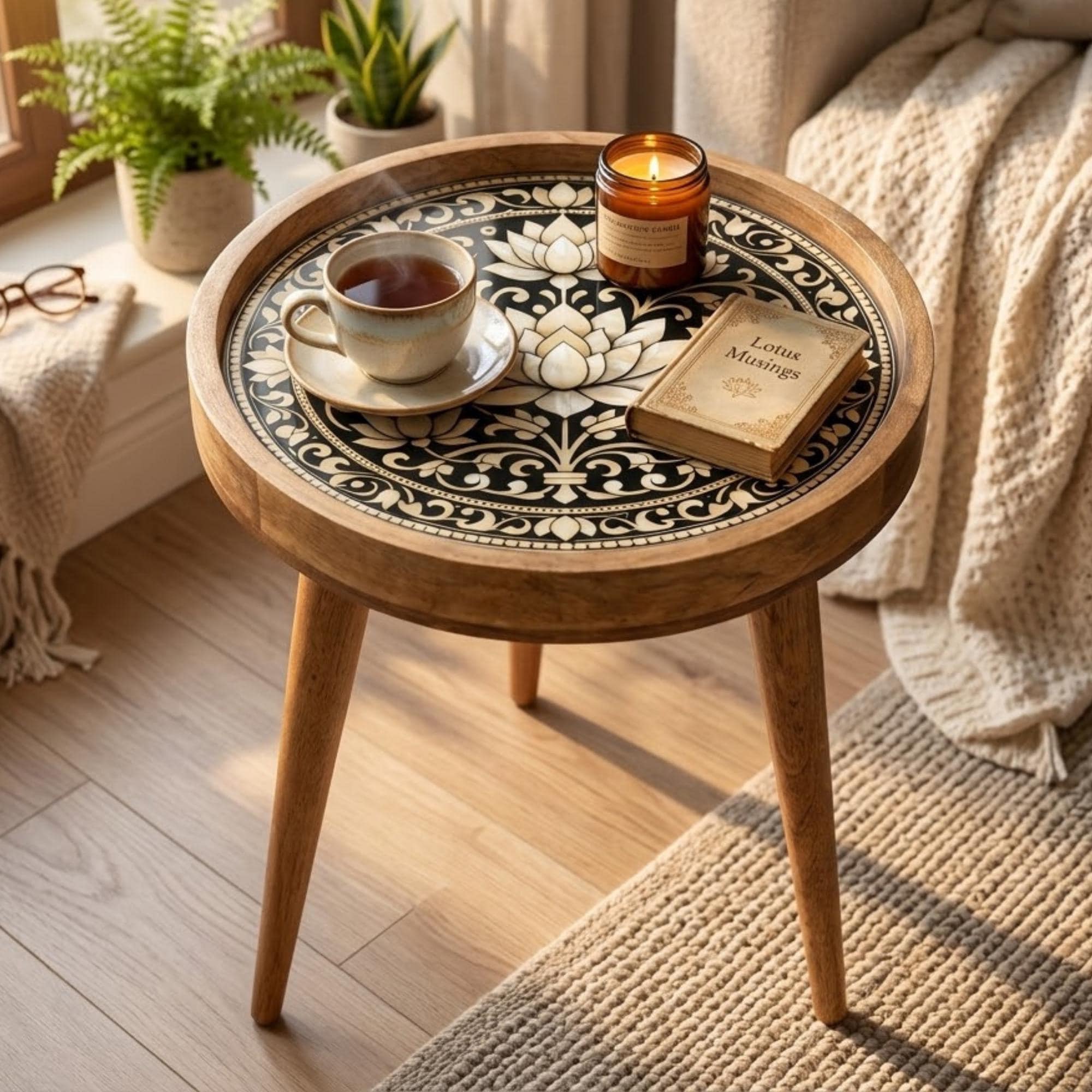 Handmade Mango Wood Side Table with Lotus Print | Boho Round Accent Bedside Table