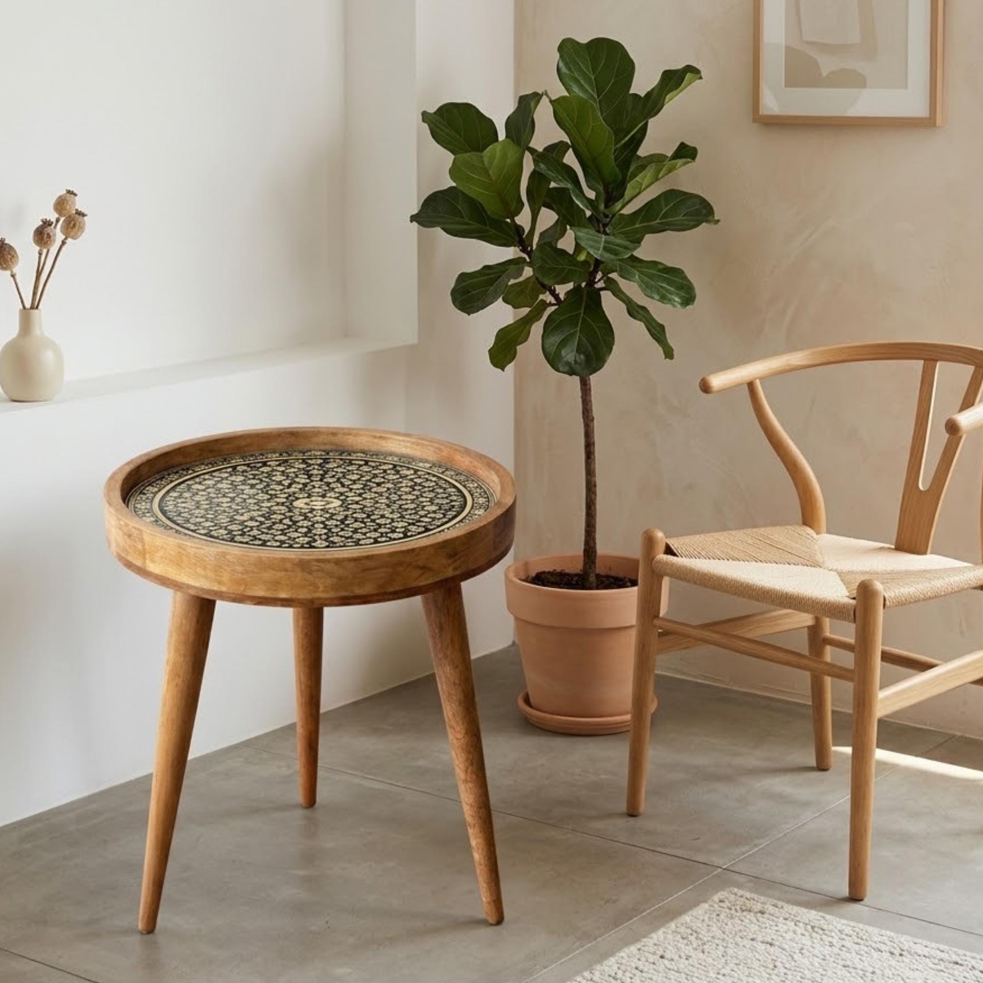 Handmade Mango Wood Side Table | Printed Floral Round Accent Table