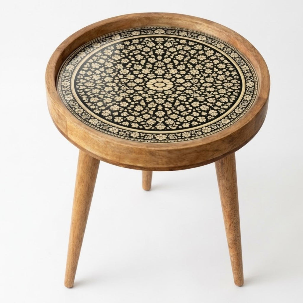 Handmade Mango Wood Side Table | Printed Floral Round Accent Table