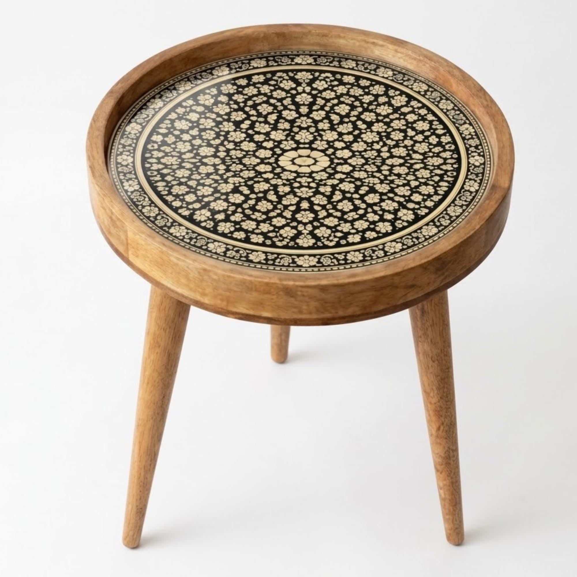 Handmade Mango Wood Side Table | Printed Floral Round Accent Table