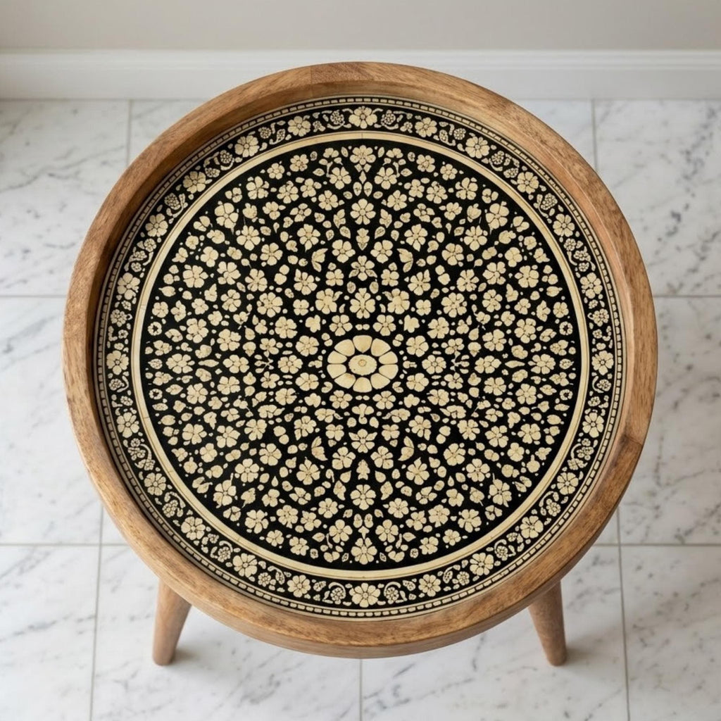 Handmade Mango Wood Side Table | Printed Floral Round Accent Table