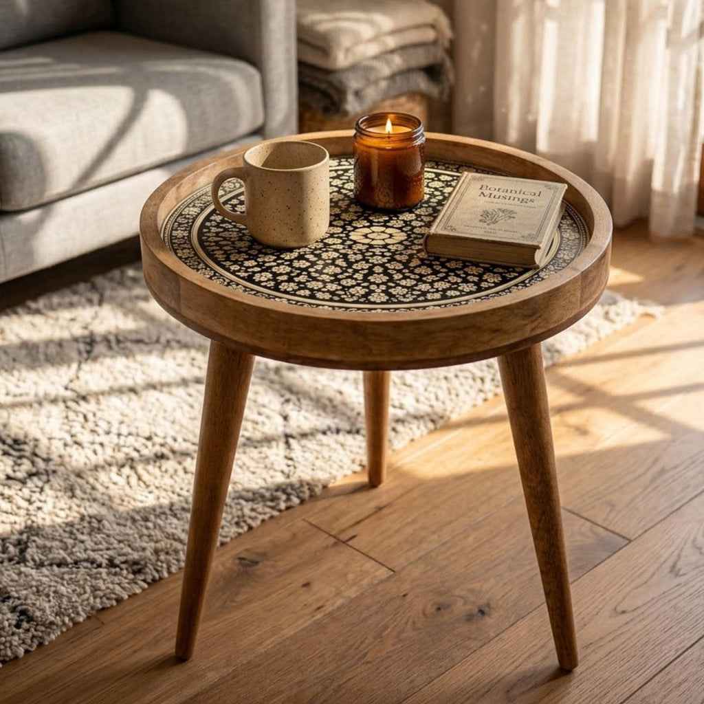 Handmade Mango Wood Side Table | Printed Floral Round Accent Table